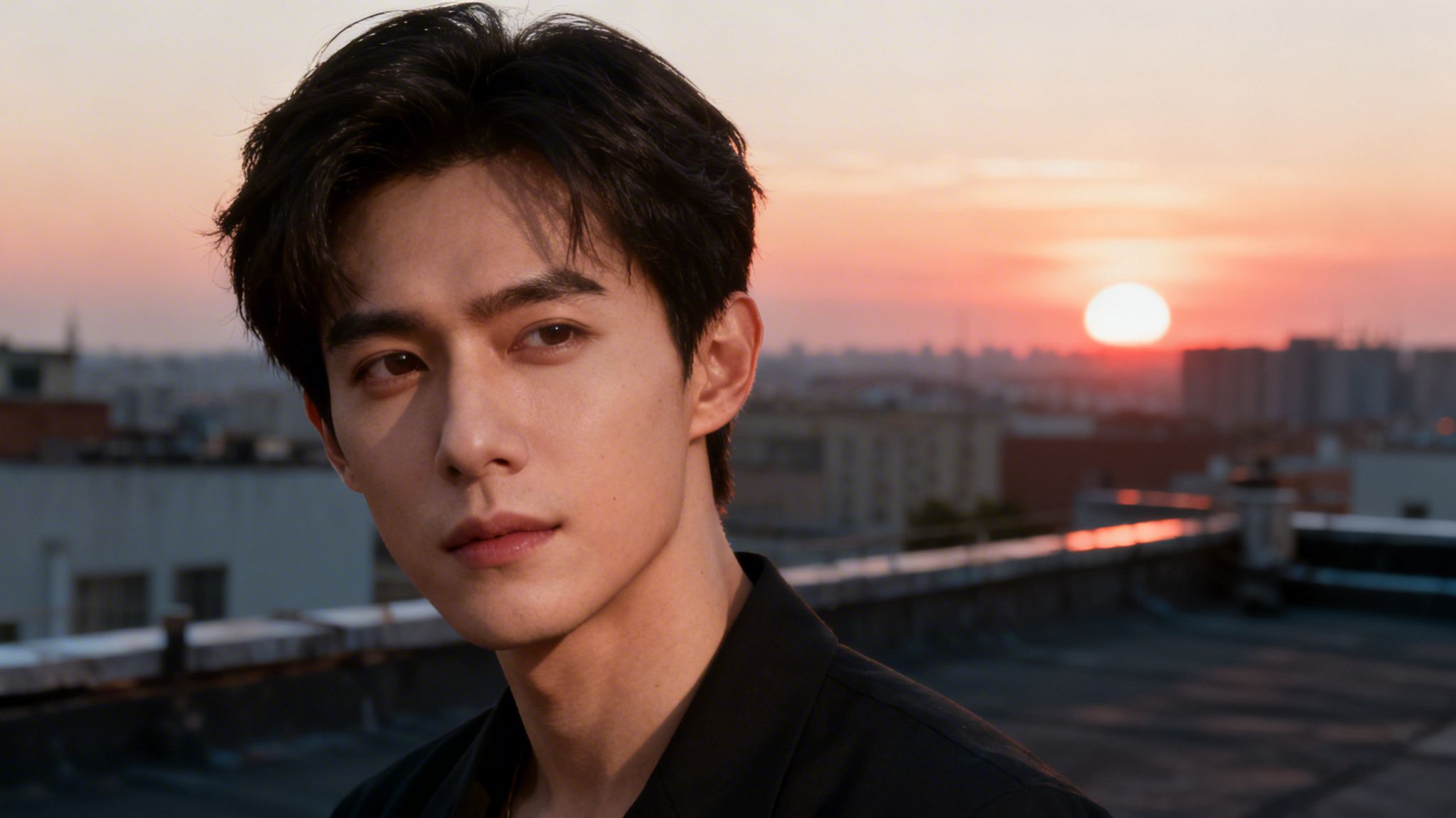 Young man with dark hair looking sideways on a rooftop against a vibrant sunset and city skyline.