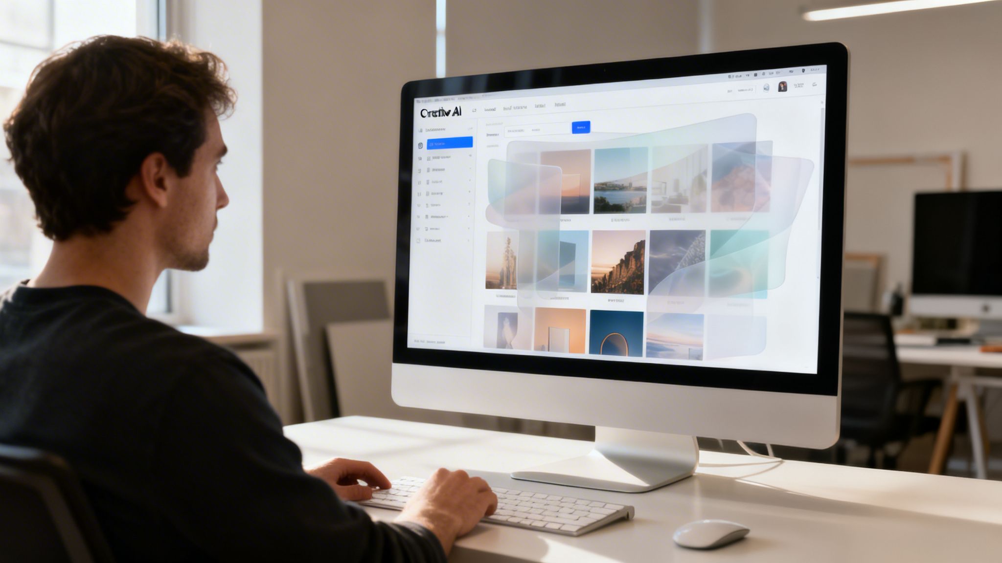 Man in a black shirt working on a computer displaying a 'Creative AI' interface with various images.