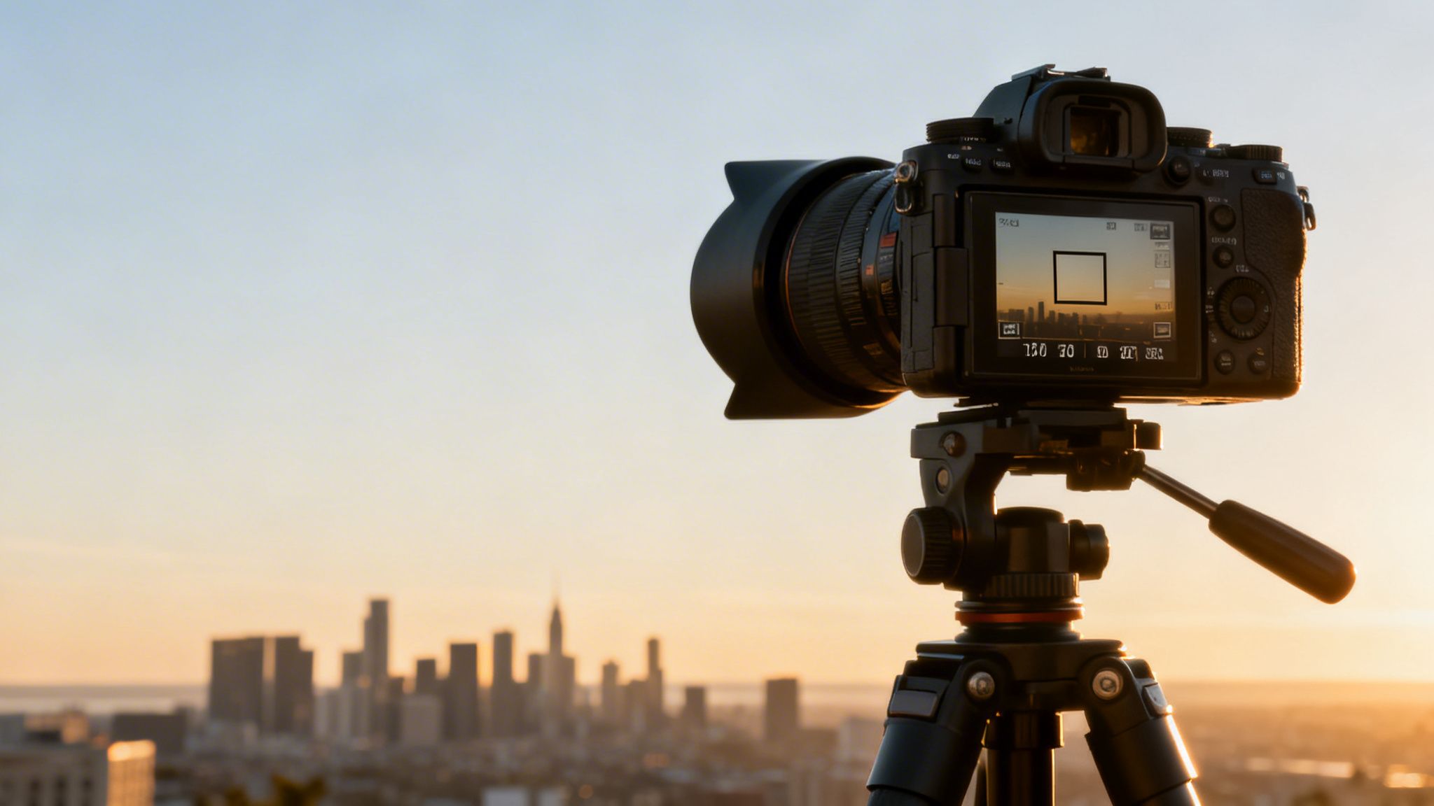 A black camera on a tripod with a cityscape in the background at sunset, visible on the screen.