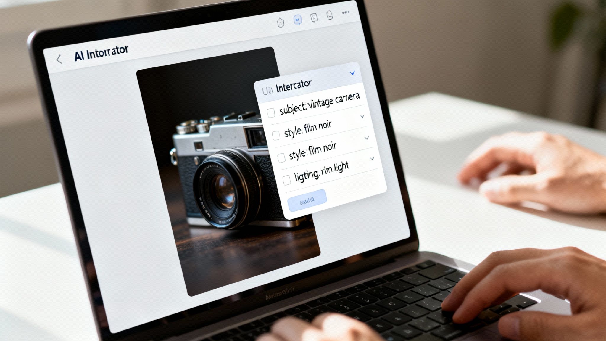 Person uses a laptop with an AI prompt generator showing options for a vintage camera image.