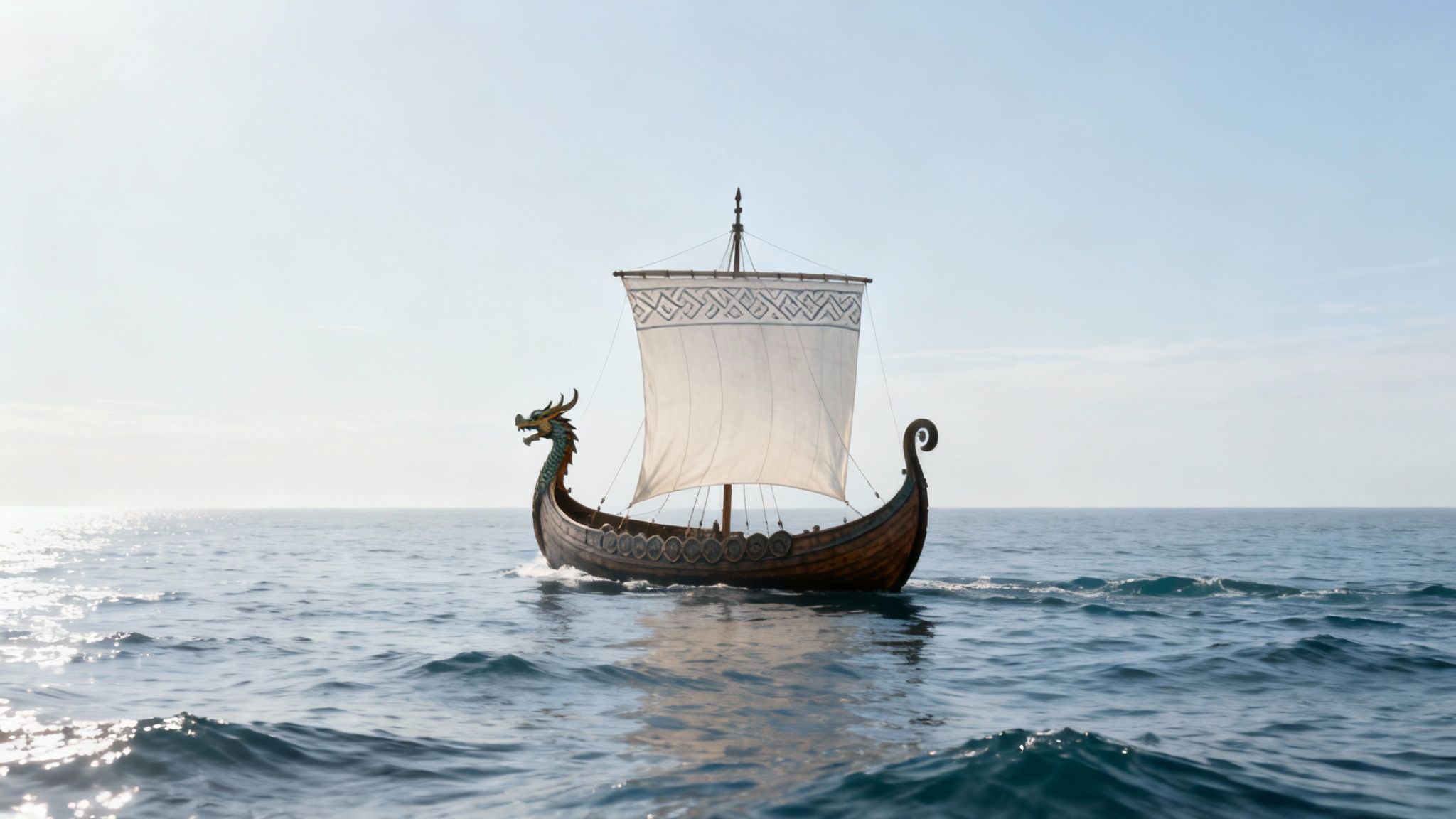 A majestic Viking longship with a dragon figurehead and a white sail navigates the open sea under a bright sky.