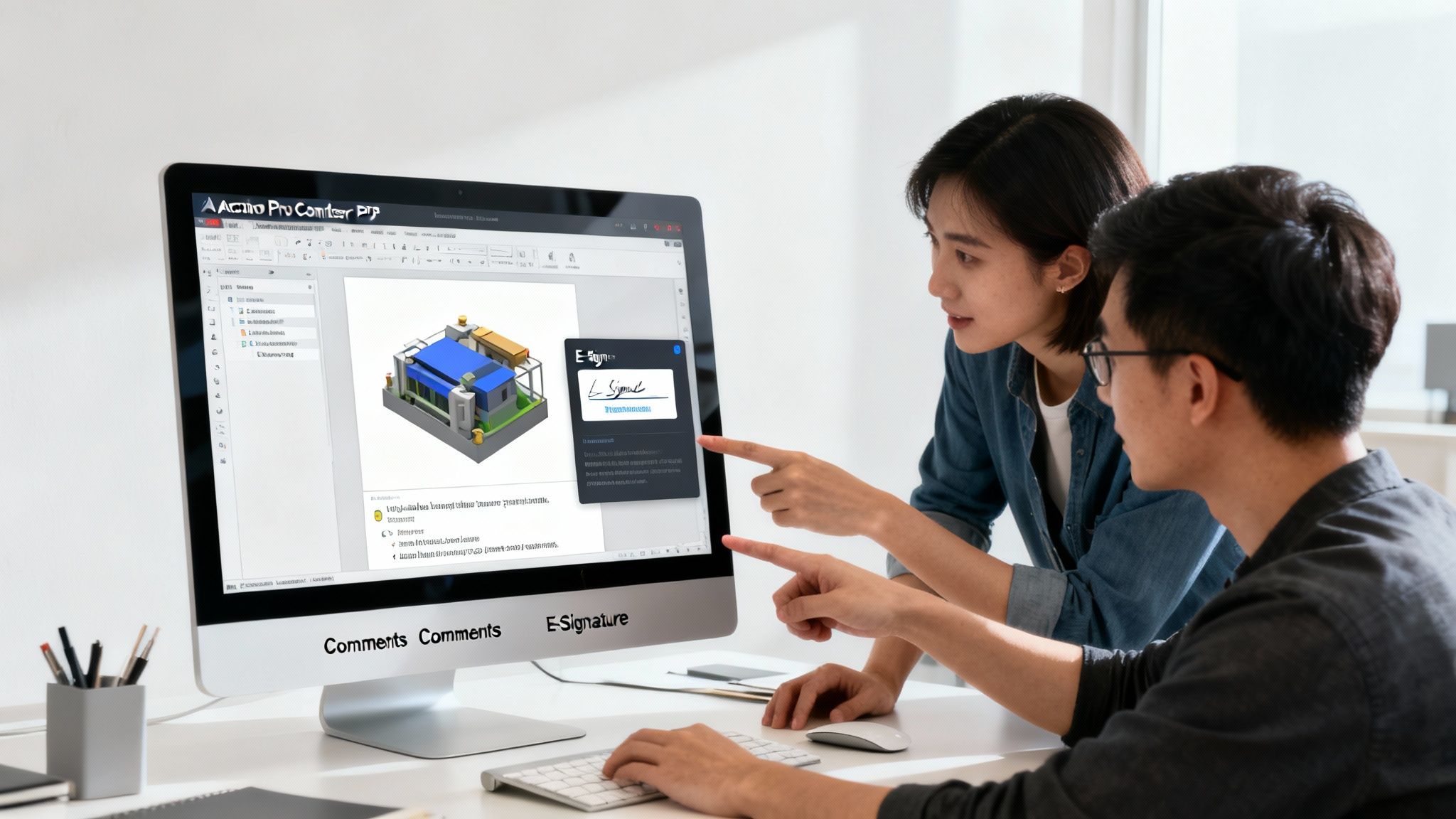 Two professionals collaborate on a computer, reviewing documents and discussing e-signatures on a monitor.