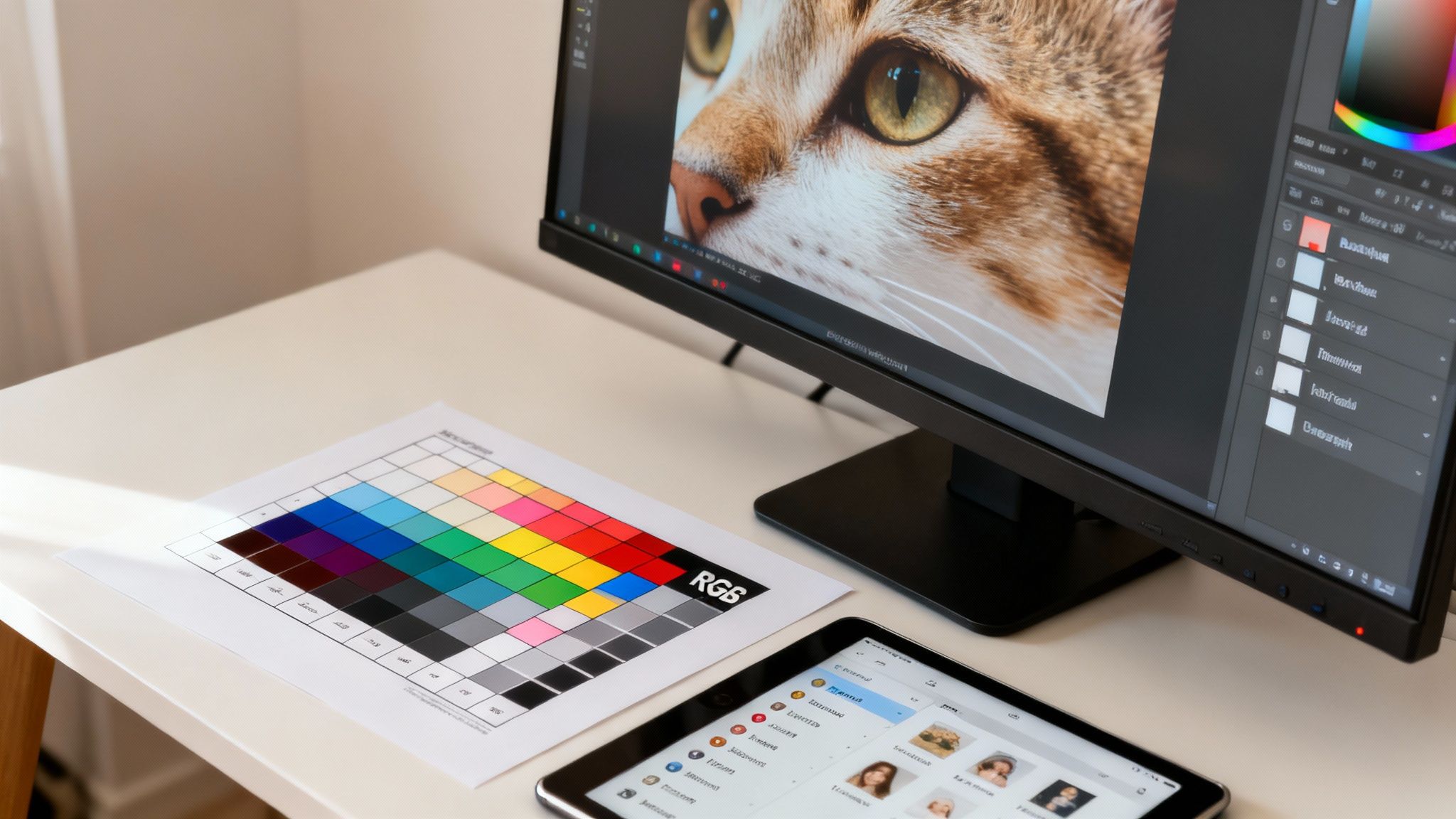 Creative workspace with a monitor displaying a cat image, an RGB color chart, and a tablet.