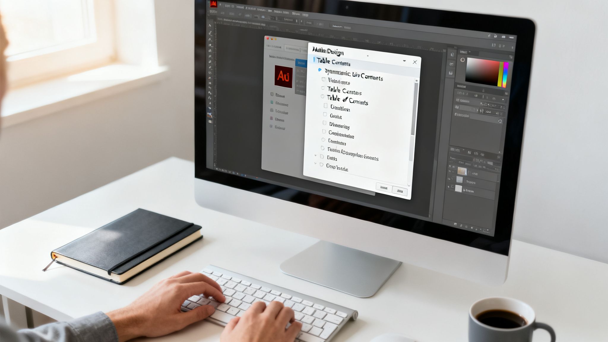 Person working on a desktop computer with Adobe InDesign, creating a table of contents, with a notebook and coffee nearby.