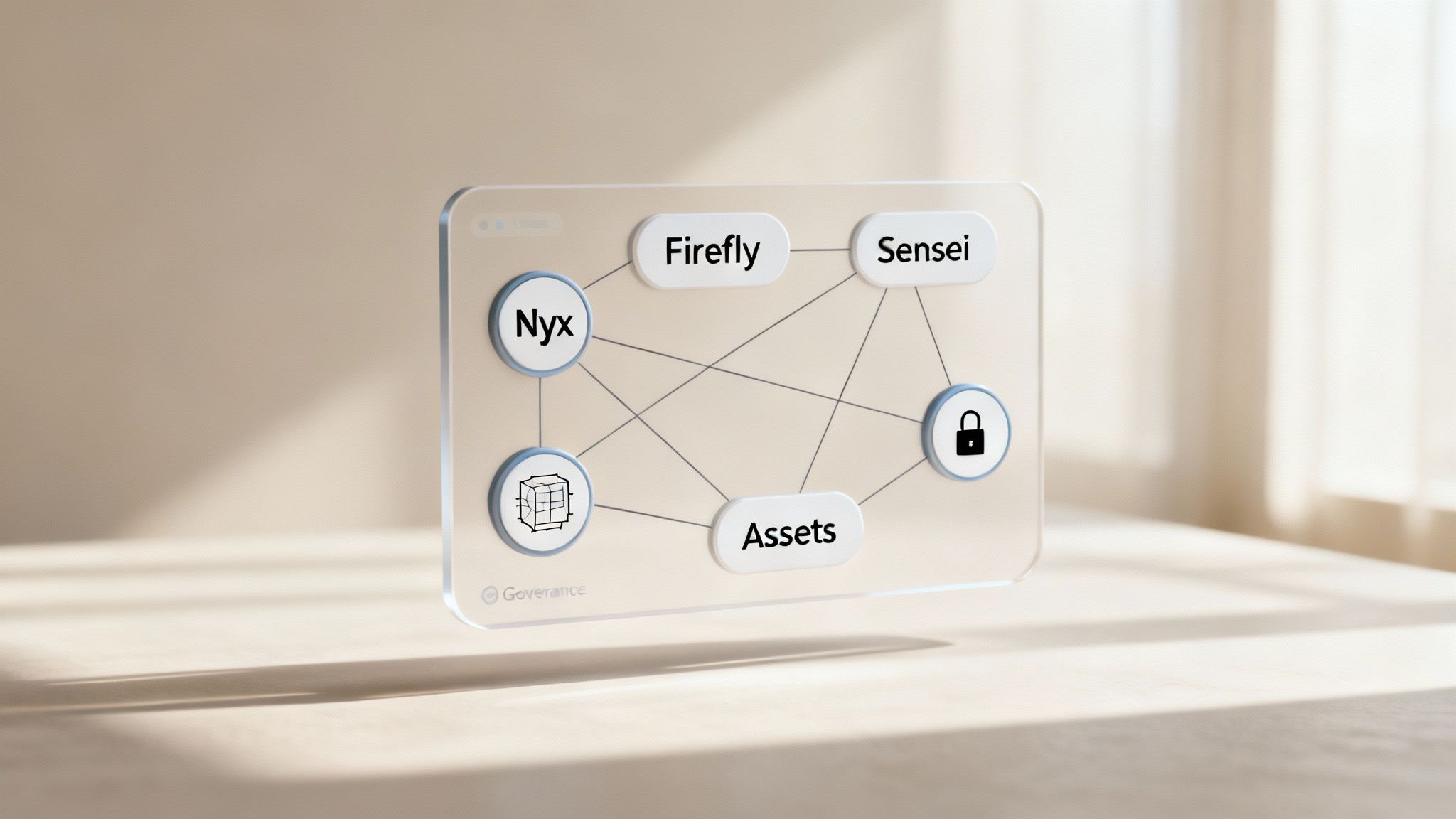 A transparent panel displays a network diagram with nodes labeled Nyx, Firefly, Sensei, Assets, and security icons.