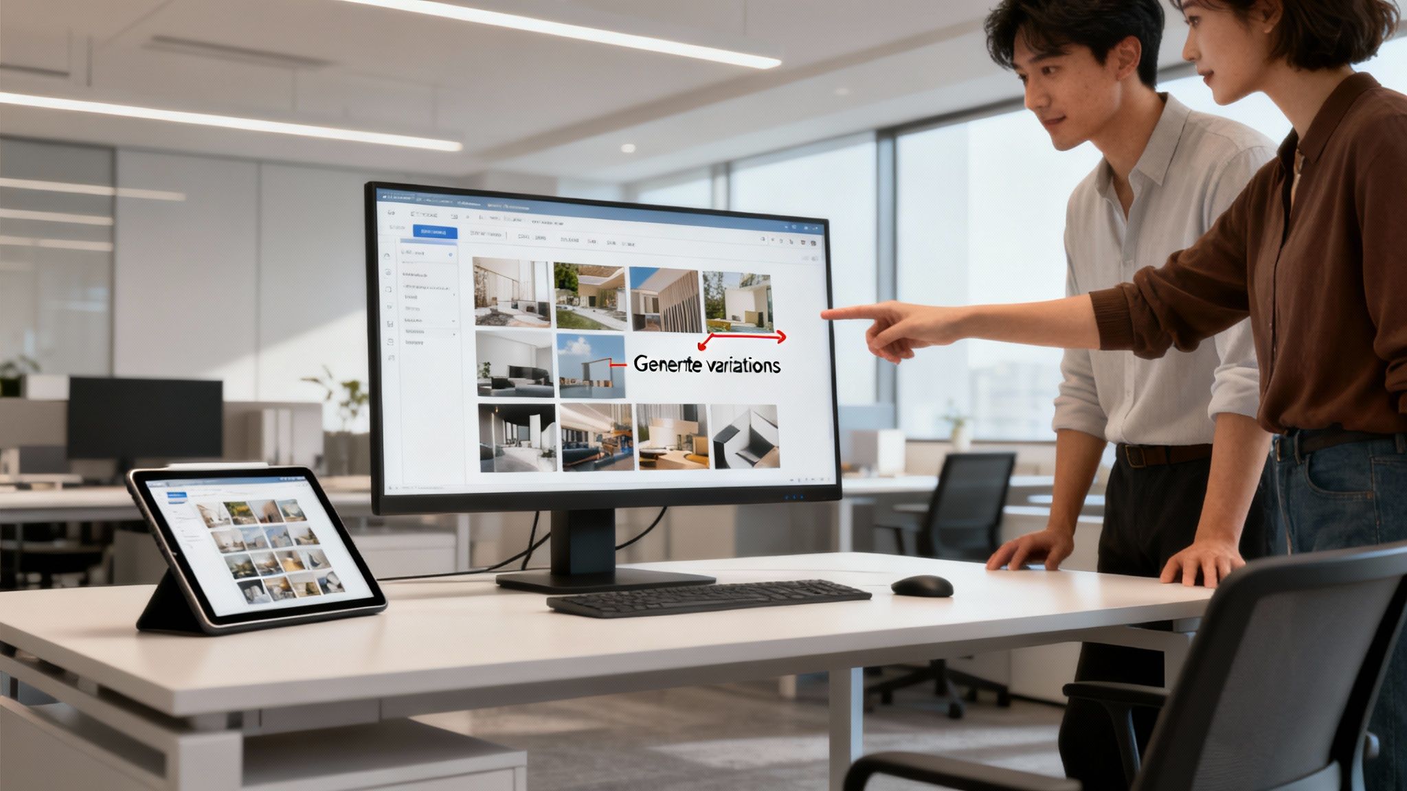 Two professionals collaboratively review architectural designs and variations on a computer monitor and a tablet.