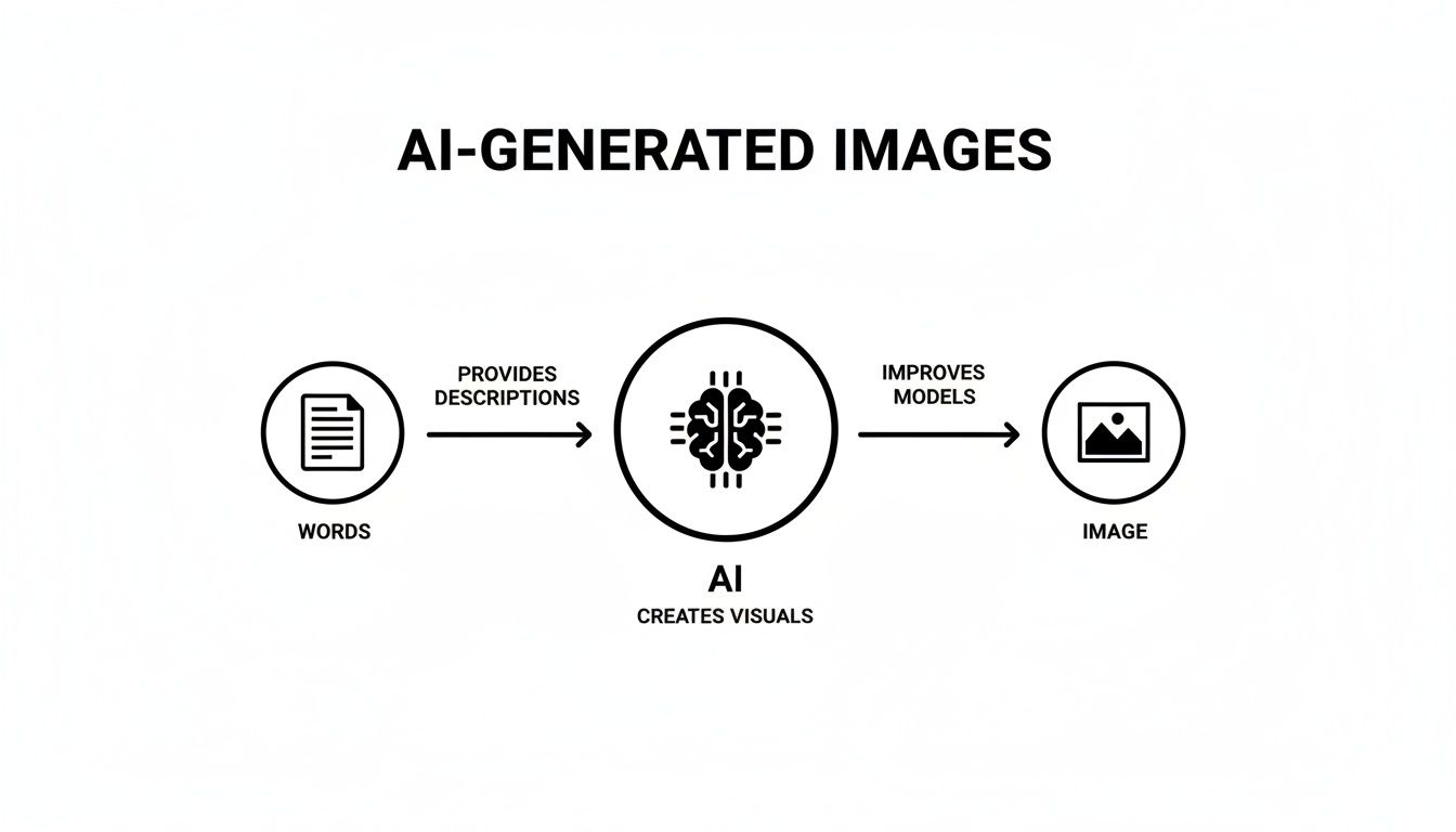 A diagram illustrating the process of AI generating images: words provide descriptions to AI, which creates visuals leading to an image.