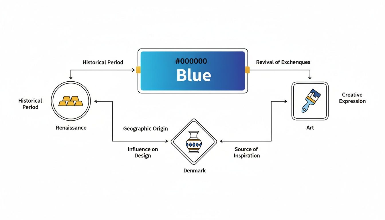 A diagram exploring the color blue's historical, geographic, and artistic connections and meanings.