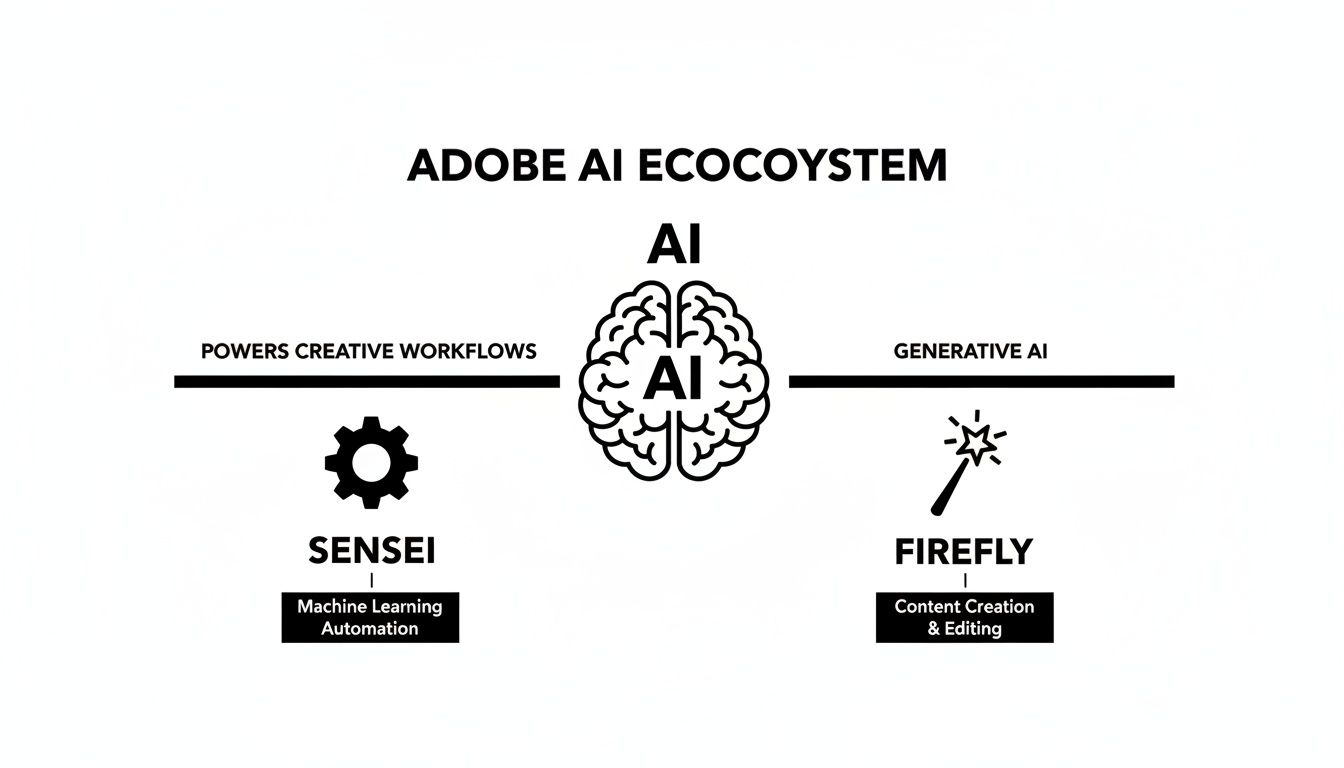 Diagram illustrating Adobe's AI ecosystem, featuring Sensei for machine learning and Firefly for generative content creation.