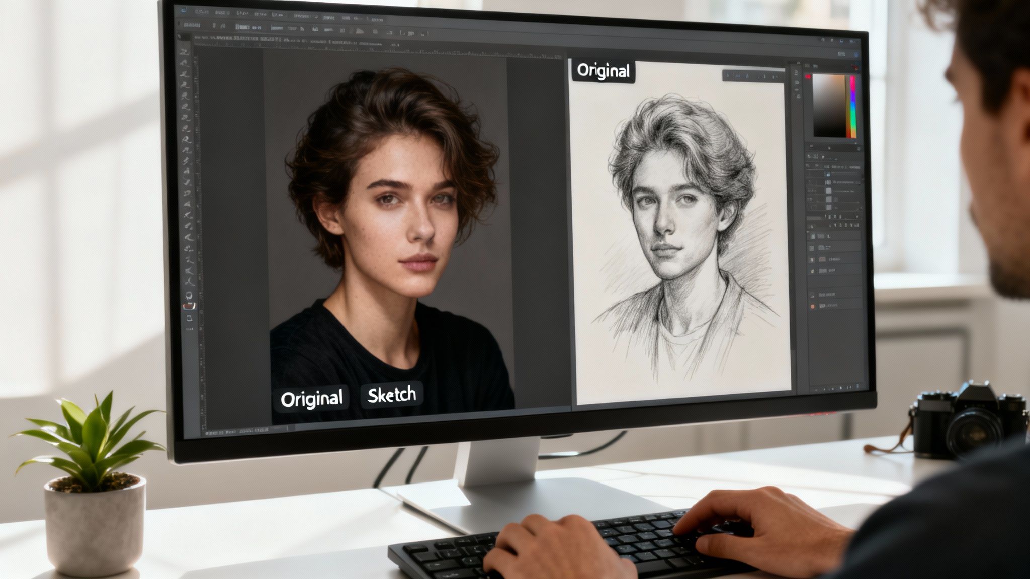 A person uses a computer to convert a realistic portrait photo into a sketch drawing.