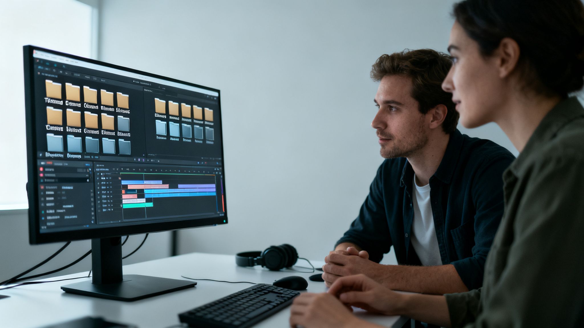 Two professional video editors collaborate on a project, analyzing footage on a large monitor.