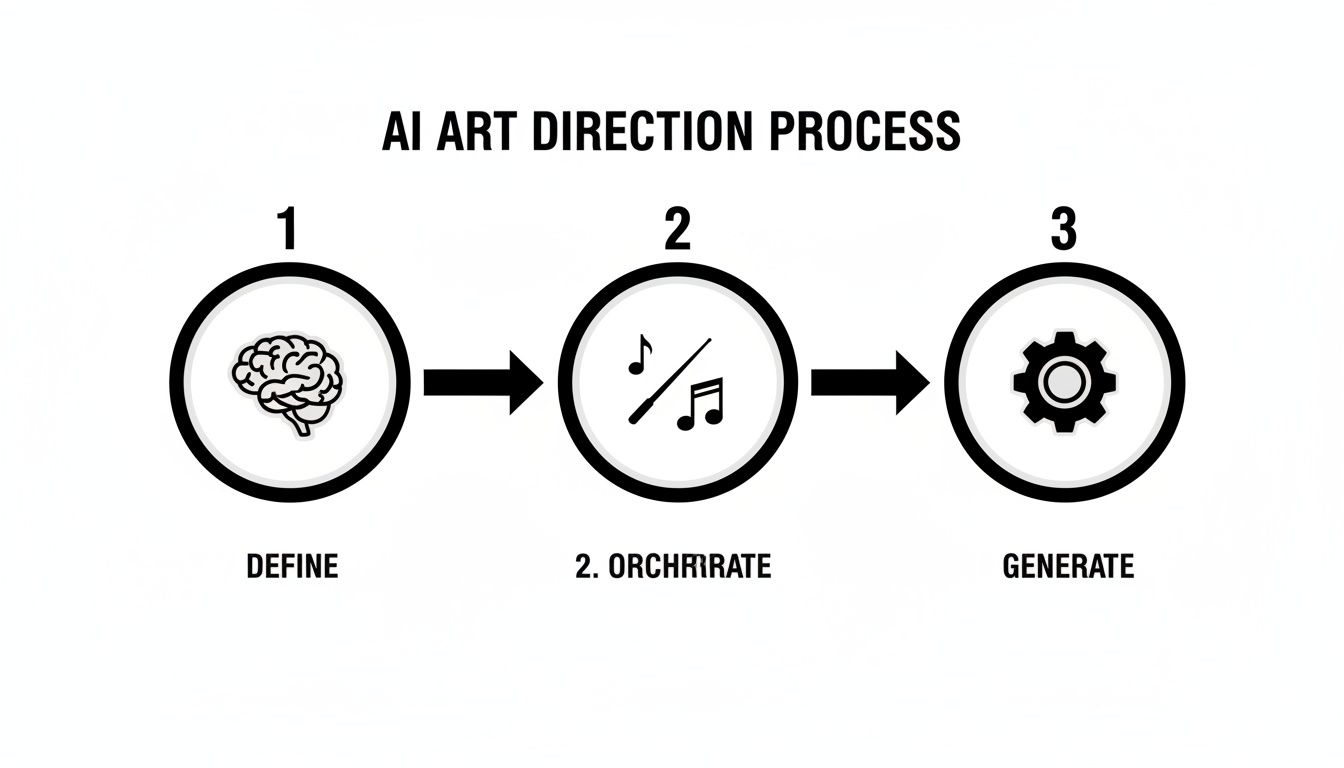 An AI art direction process diagram showing three steps: Define, Orchestrate, and Generate, with icons.