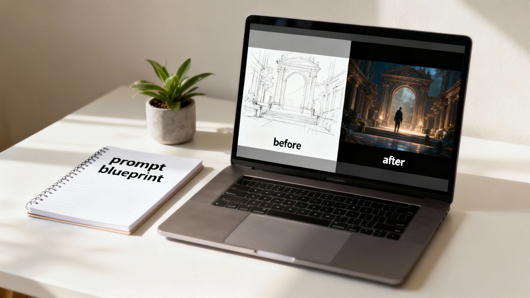 Laptop displays AI image generation transforming a sketch into a detailed archway scene, next to a 'prompt blueprint' notebook.