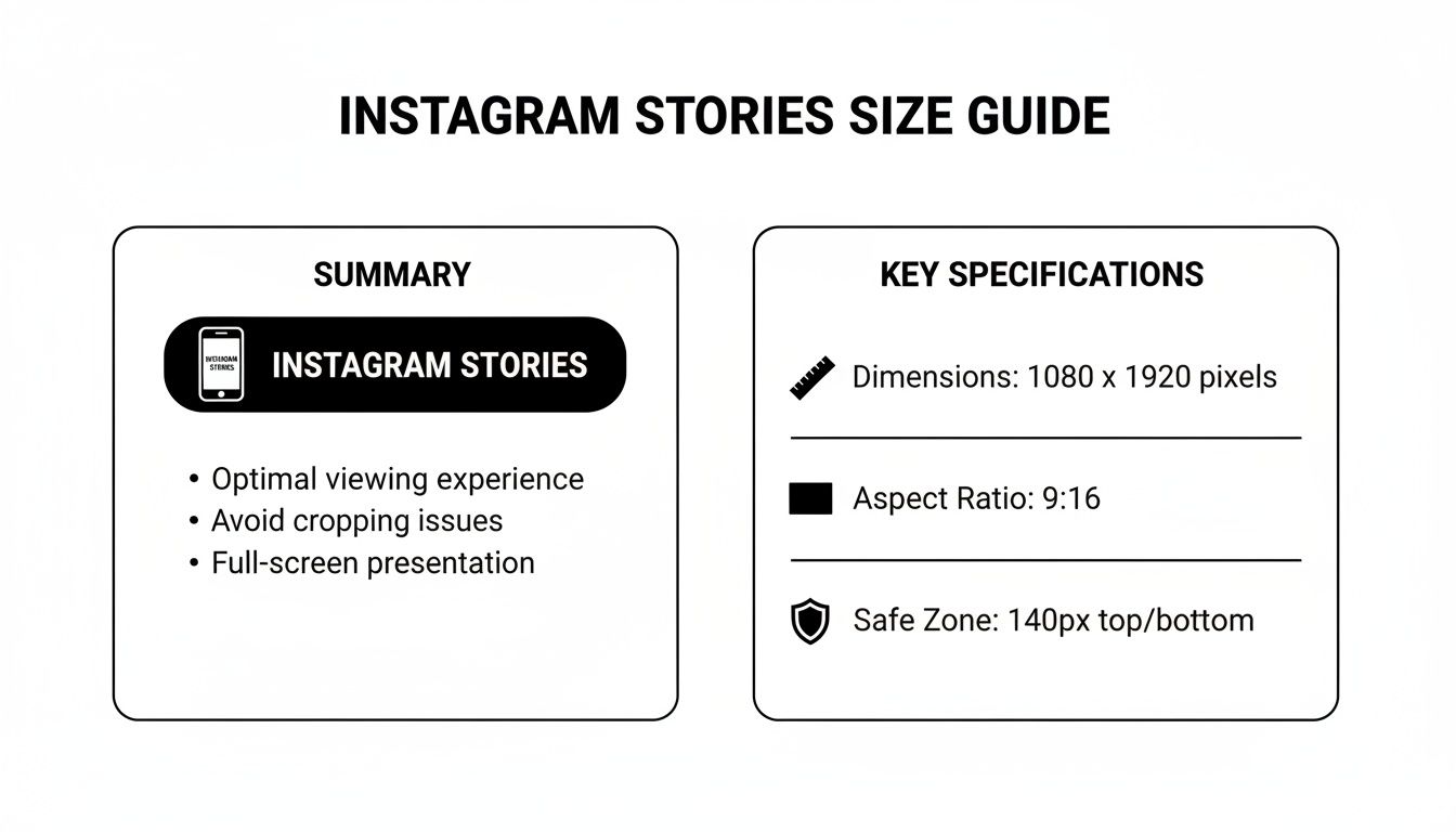 An Instagram Stories size guide showing dimensions, aspect ratio, and safe zone for optimal experience.