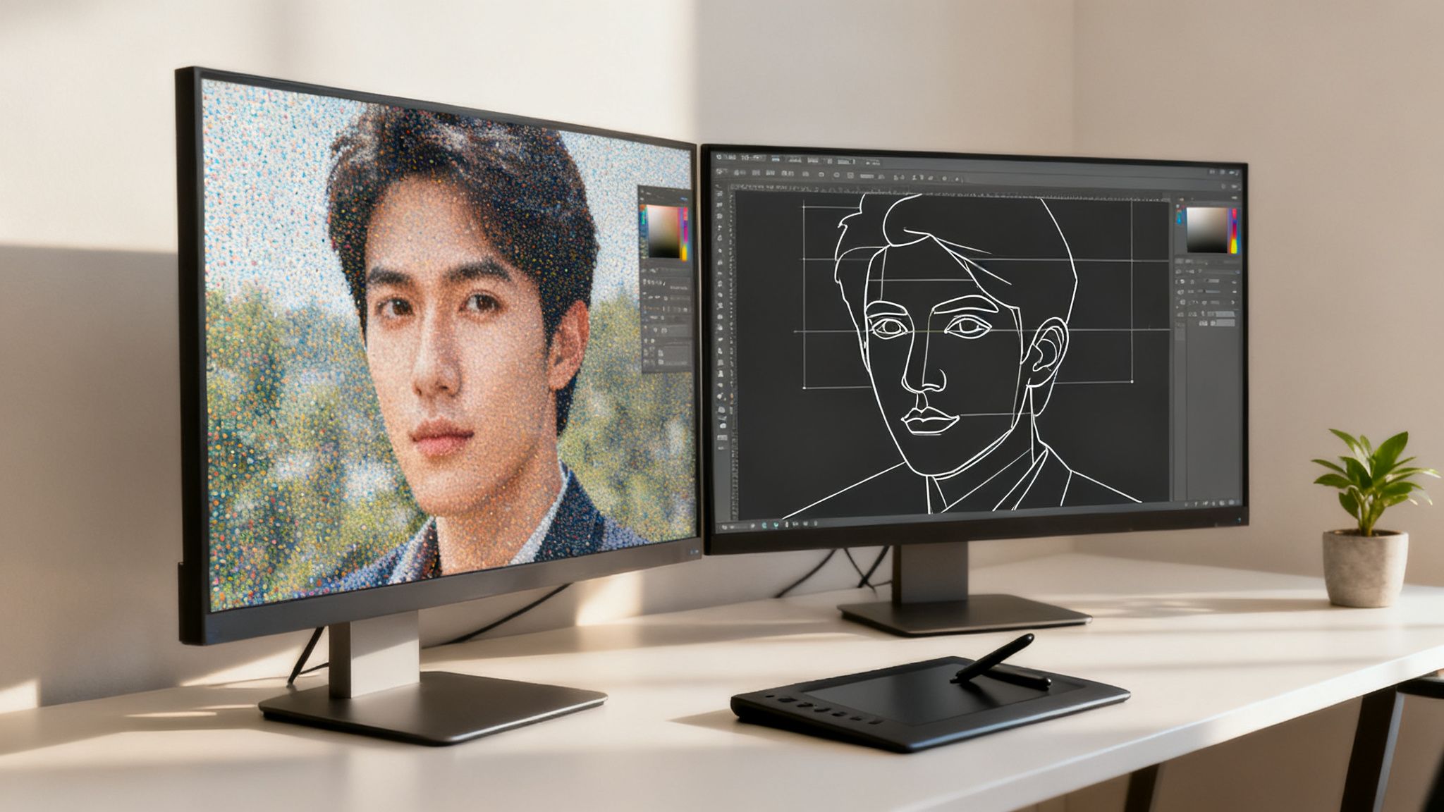 Two monitors on a desk display a man's portrait: one as pointillist art, the other a line drawing in software.