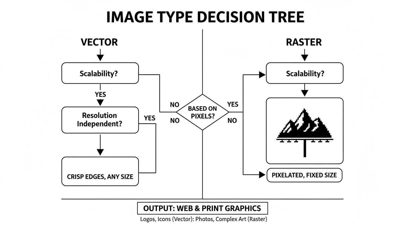 Flowchart decision tree illustrating characteristics of vector and raster image file types for graphics.