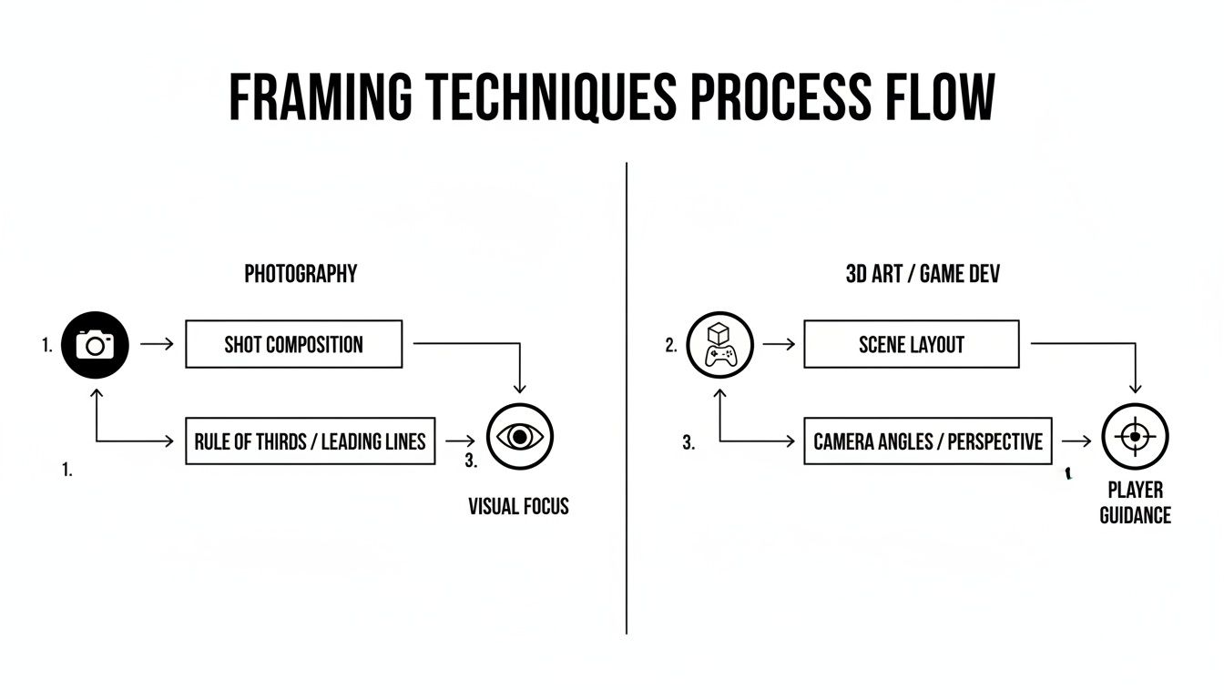 A flow diagram illustrating framing techniques for visual focus in photography and player guidance in 3D art/game development.