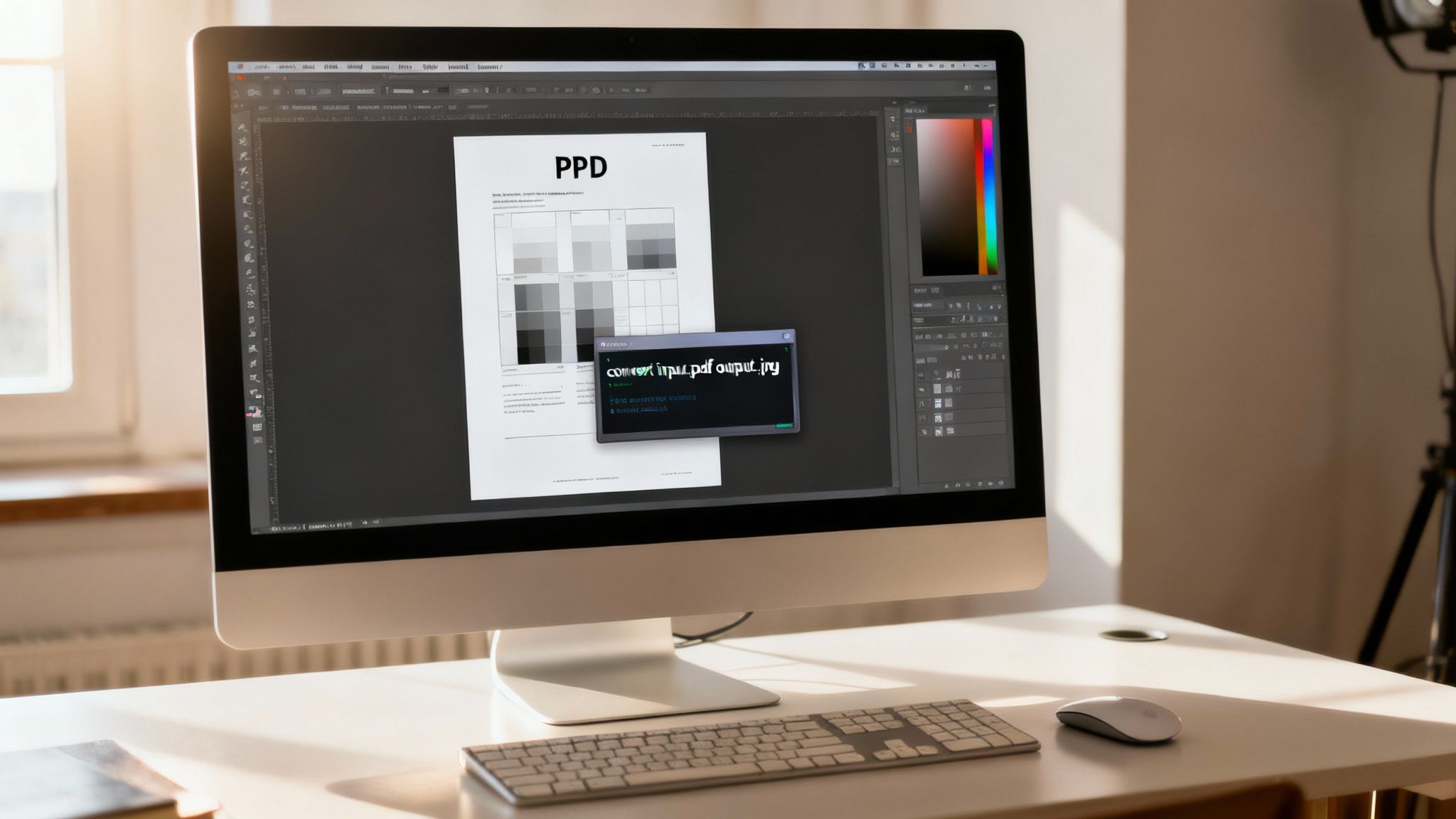 A computer monitor displays a PDF document and a terminal window for file conversion on a desk.