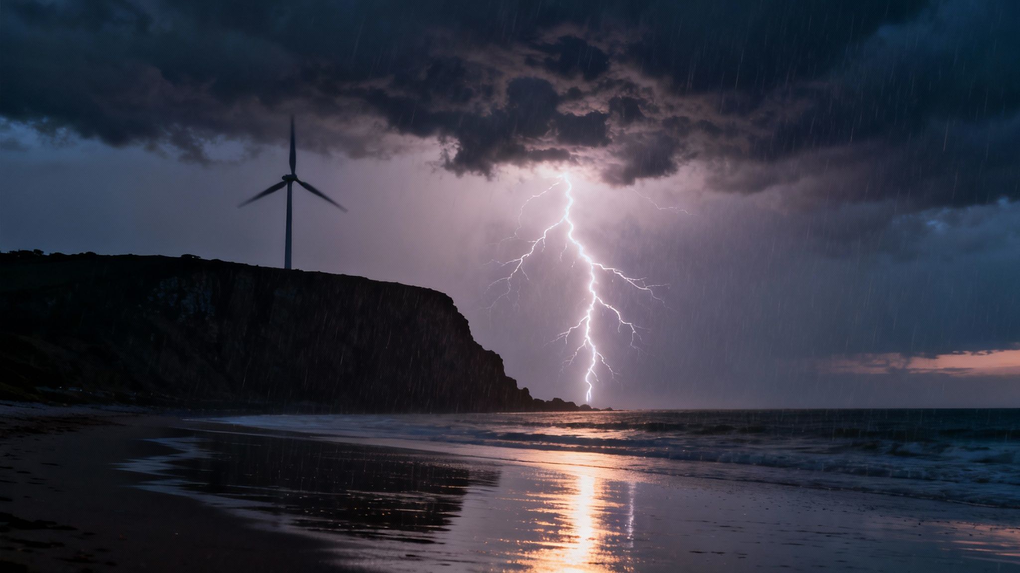A dramatic lightning strike illuminates a stormy beach with a wind turbine on a cliff and rain falling.