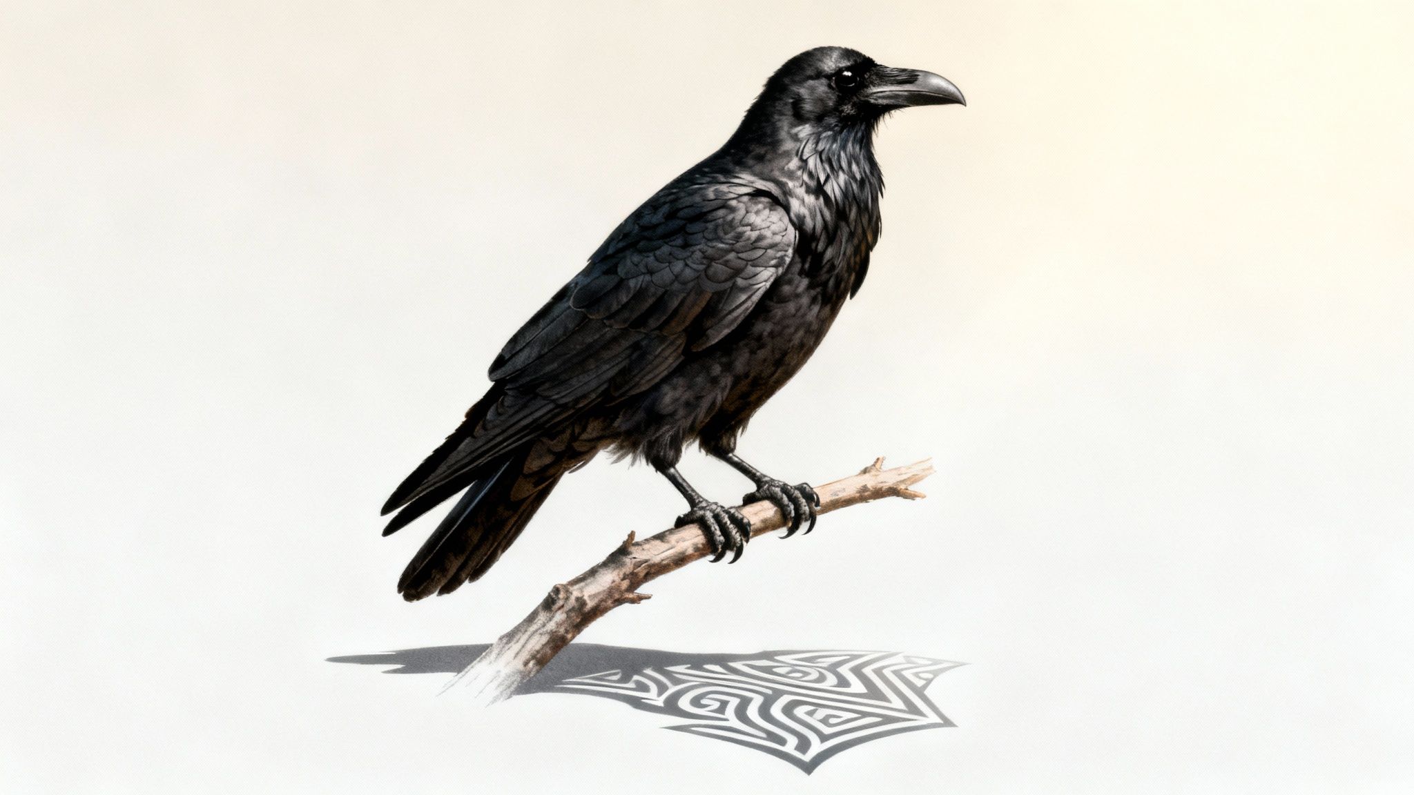 A striking black raven perches on a branch, casting a unique Celtic knot shadow.