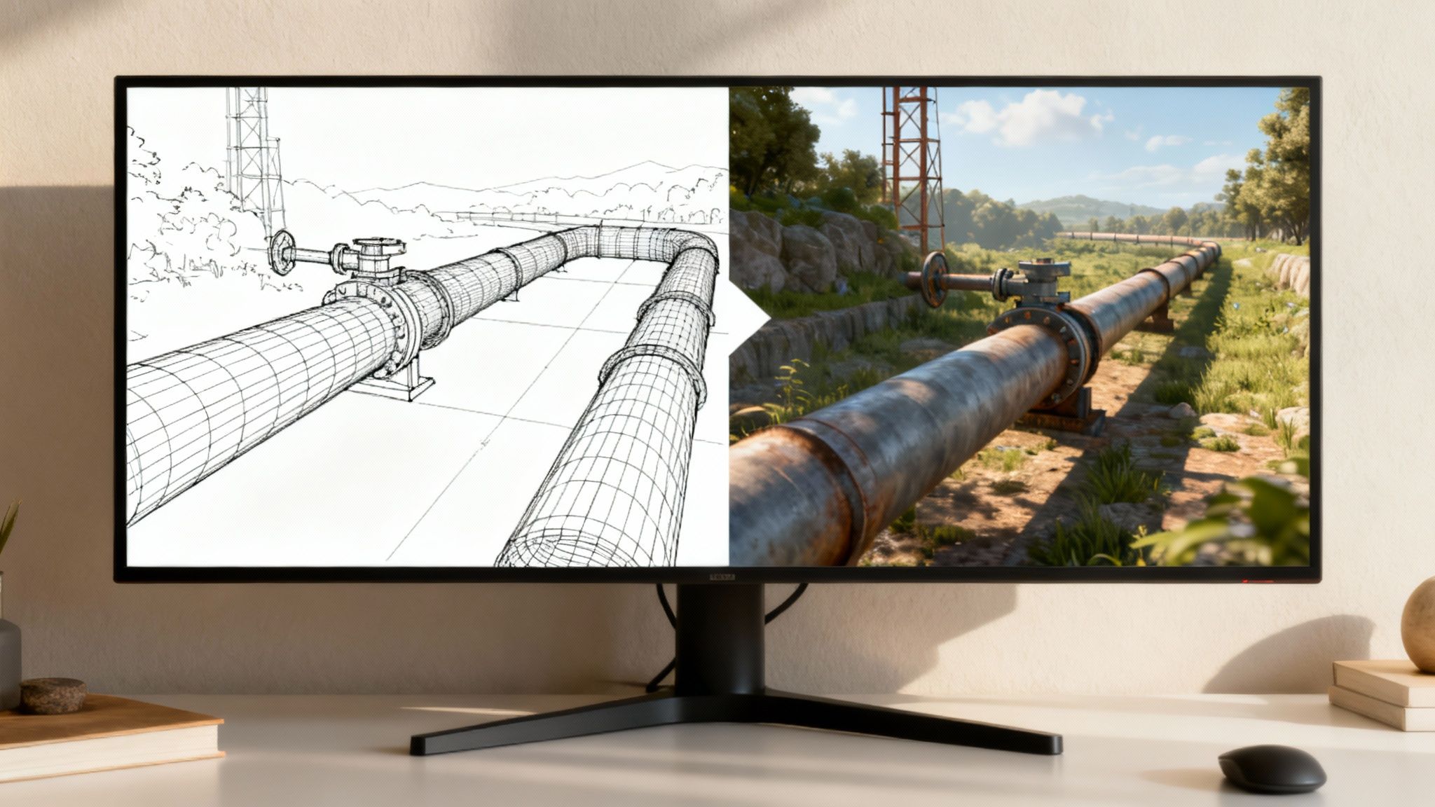 A full creative pipeline, showing a 2D AI-generated image of a character evolving into a 3D model and then into an animated video scene.