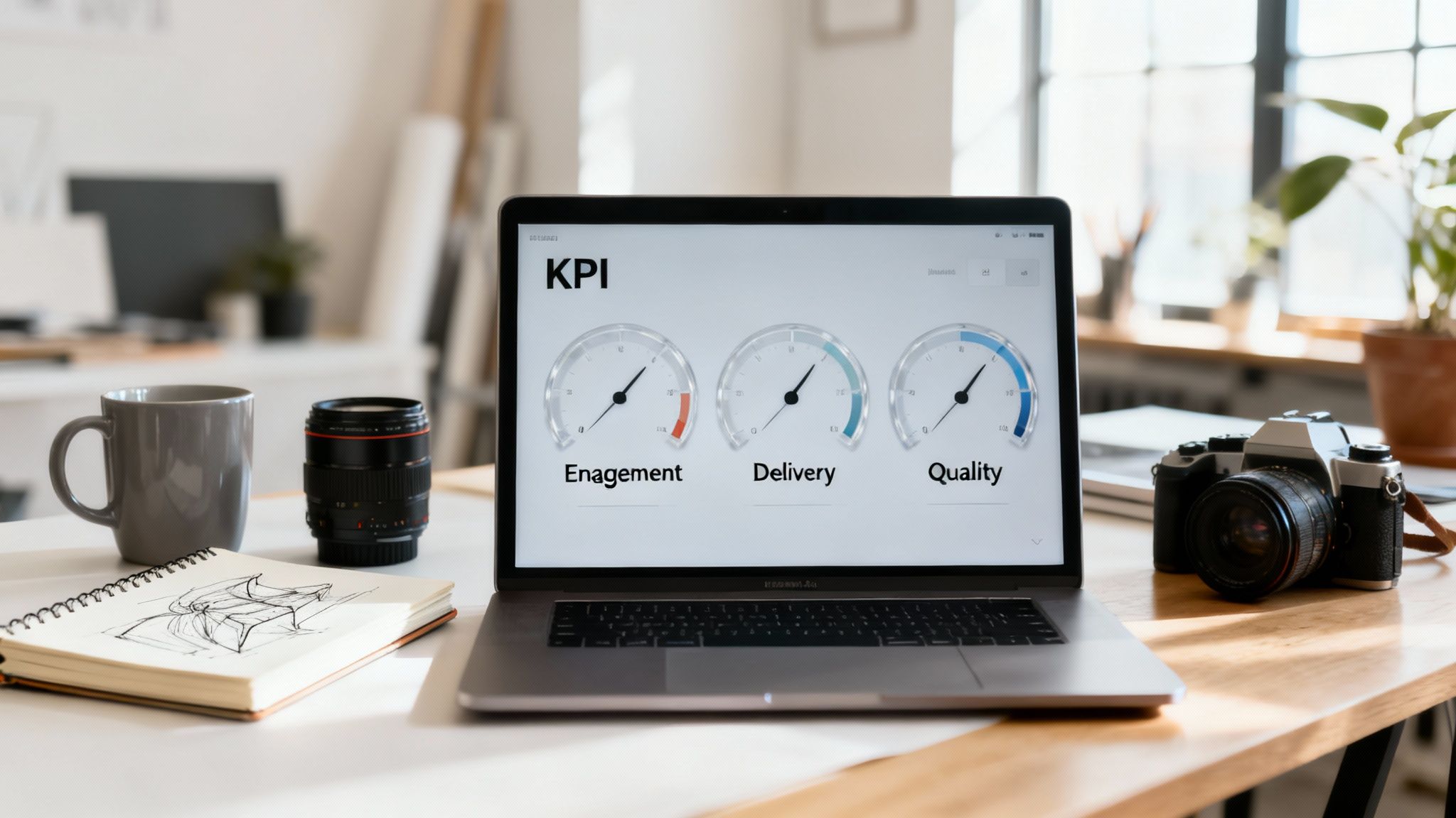 A laptop screen displays a KPI dashboard with gauges for engagement, delivery, and quality on a desk.