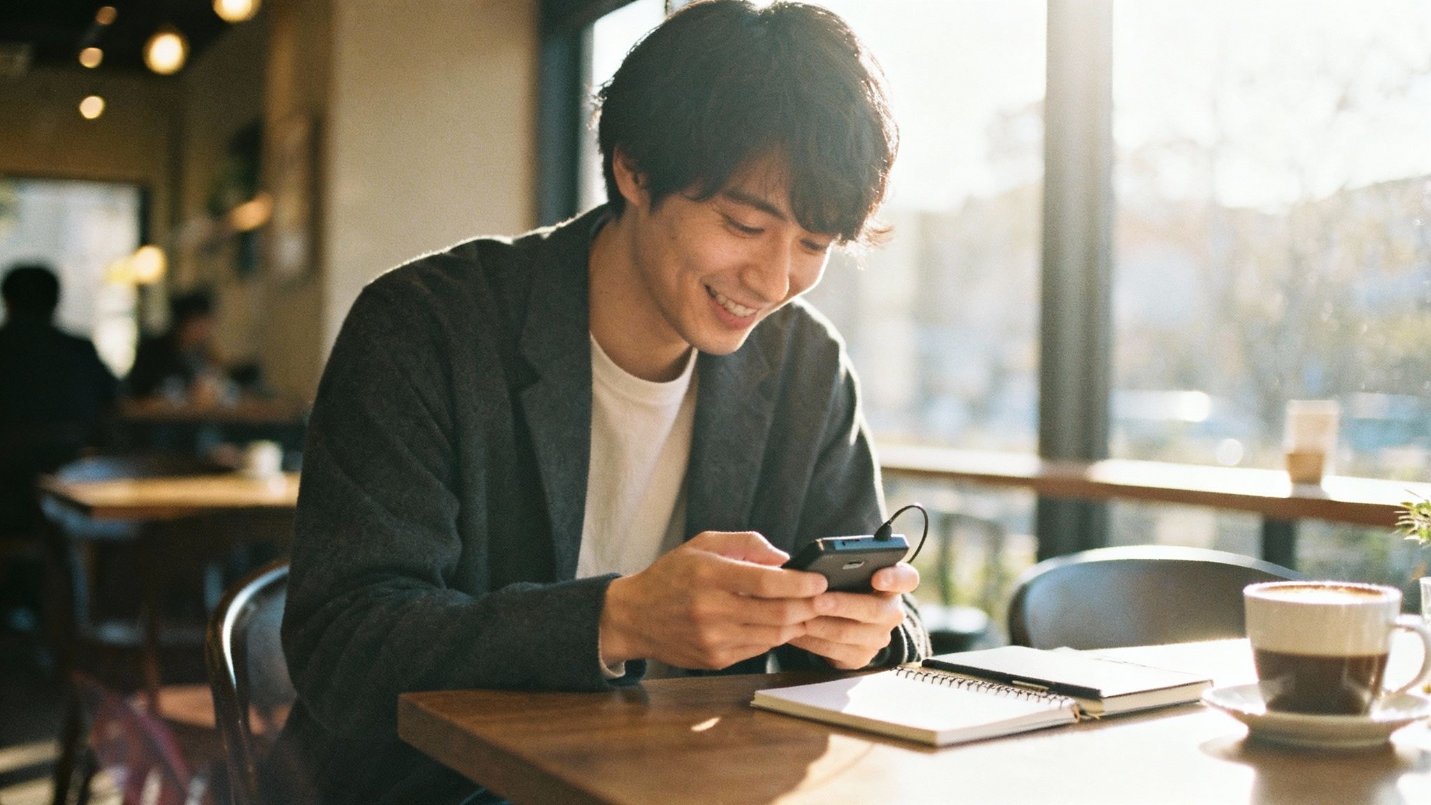 A smiling young man in a sunny cafe, looking at his phone with a coffee.