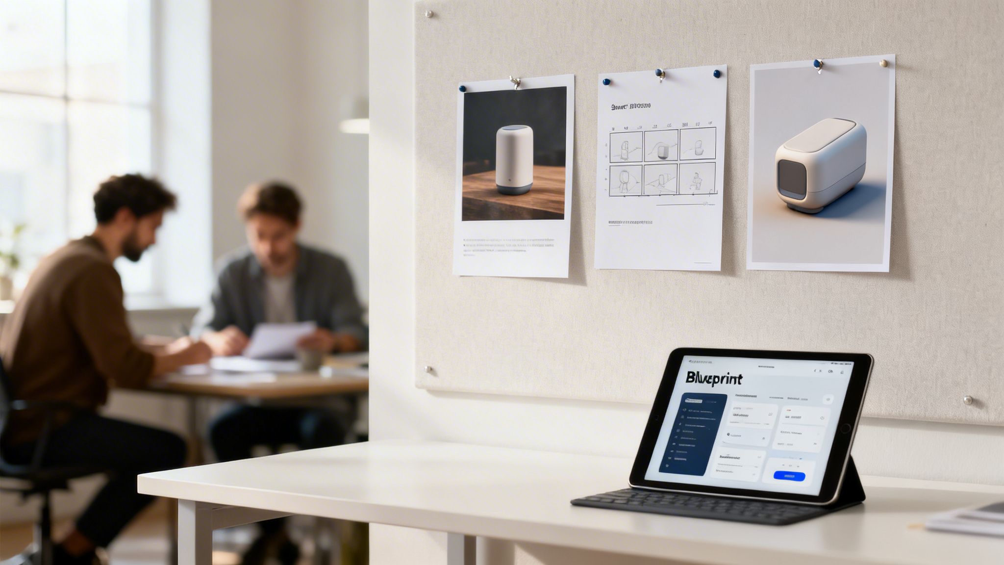 Modern office with a tablet displaying design software, product concepts on a board, and two men working.
