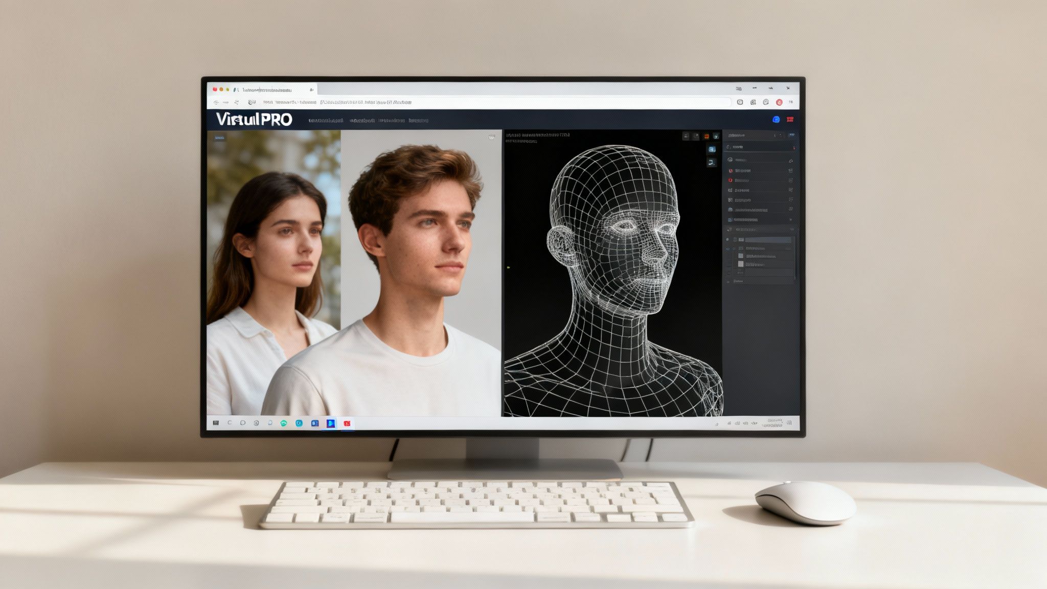 A computer monitor displays 3D modeling software, showing realistic human faces and a wireframe 3D model.