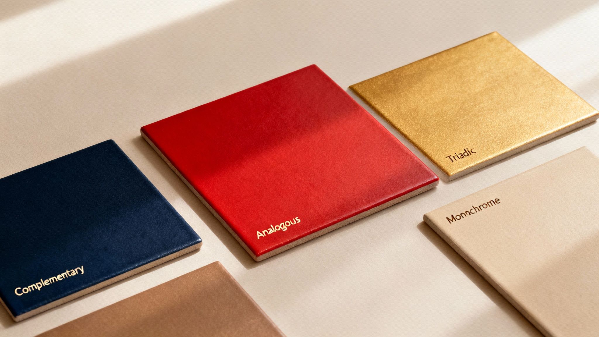 A collection of color swatches on a beige surface, including red, blue, gold, and beige, illustrating color theory.