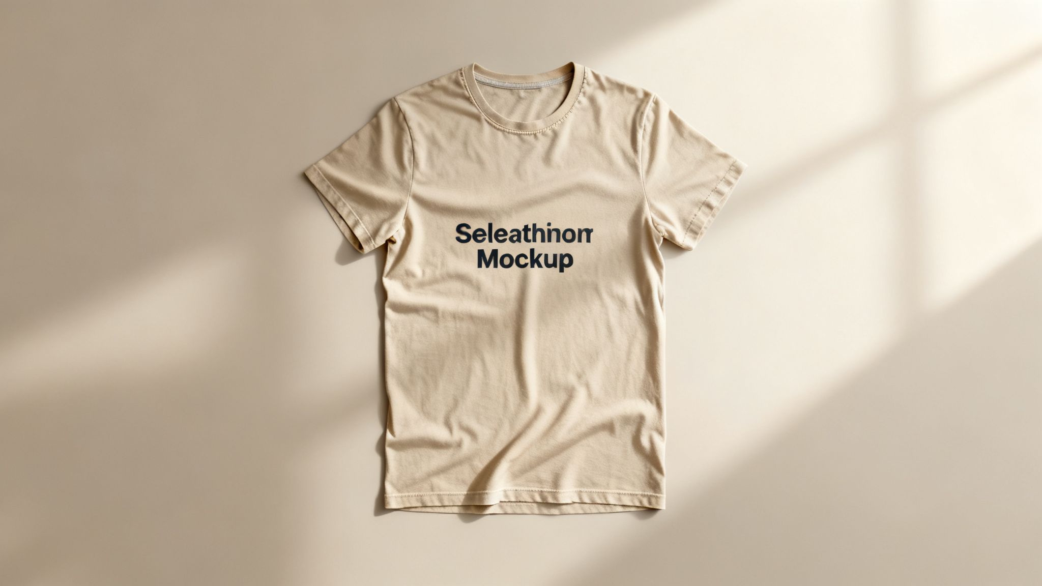 A minimalist flat lay of a blank beige t-shirt with 'Seleathinon Mockup' text, on a light brown background with natural window shadows.
