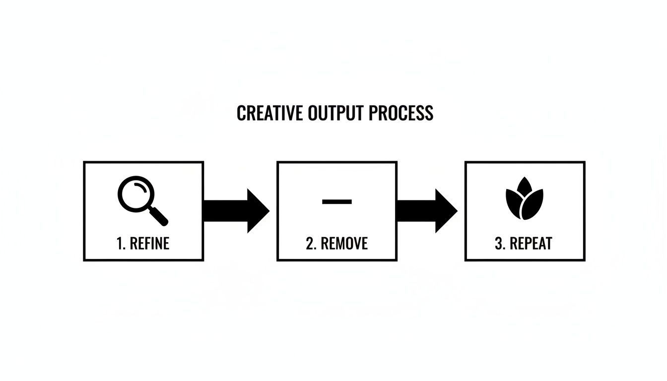 A three-step diagram titled 'Creative Output Process': 1. Refine (magnifying glass), 2. Remove (minus sign), 3. Repeat (leaves).