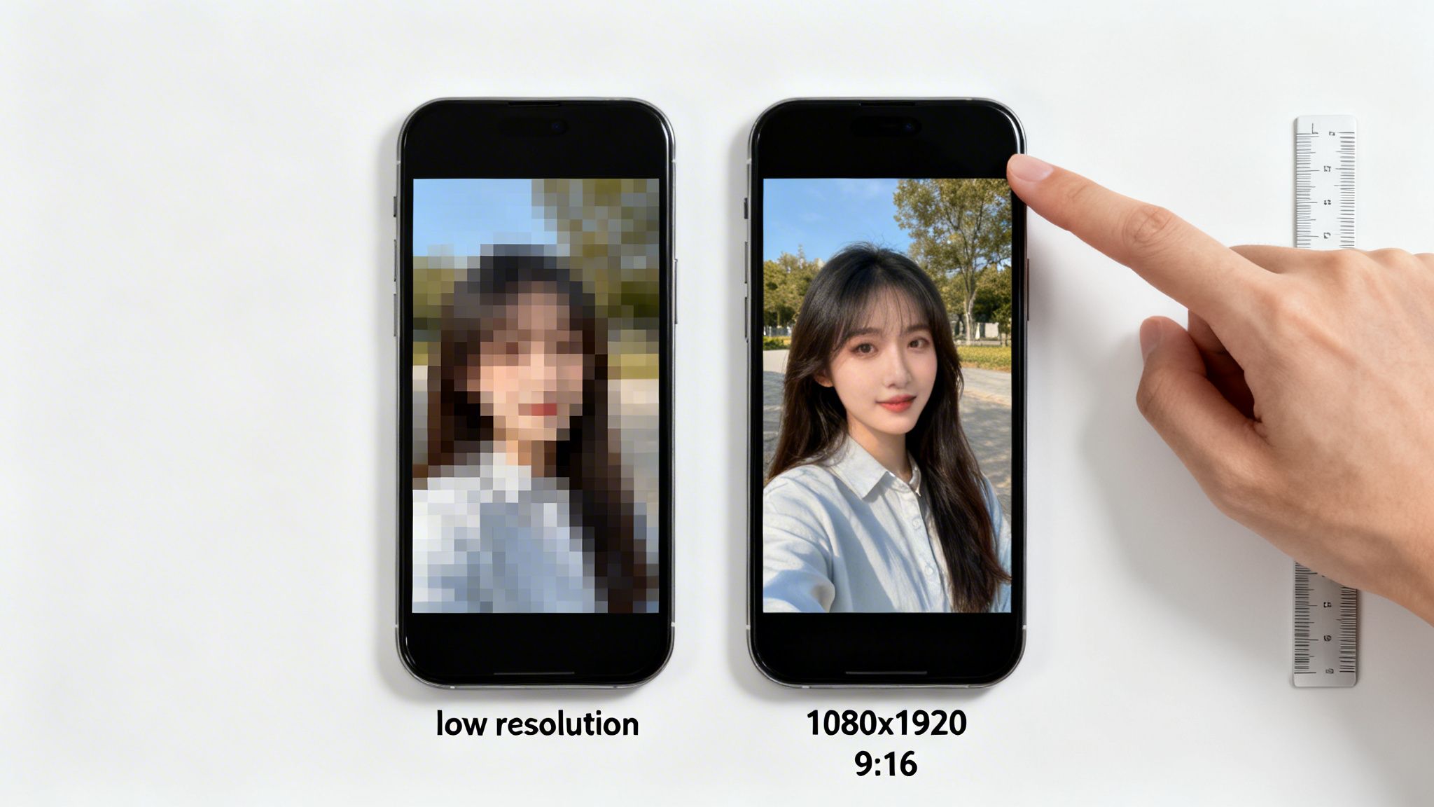 Two smartphones display a photo of a woman, one pixelated and the other high-resolution with a hand pointing.