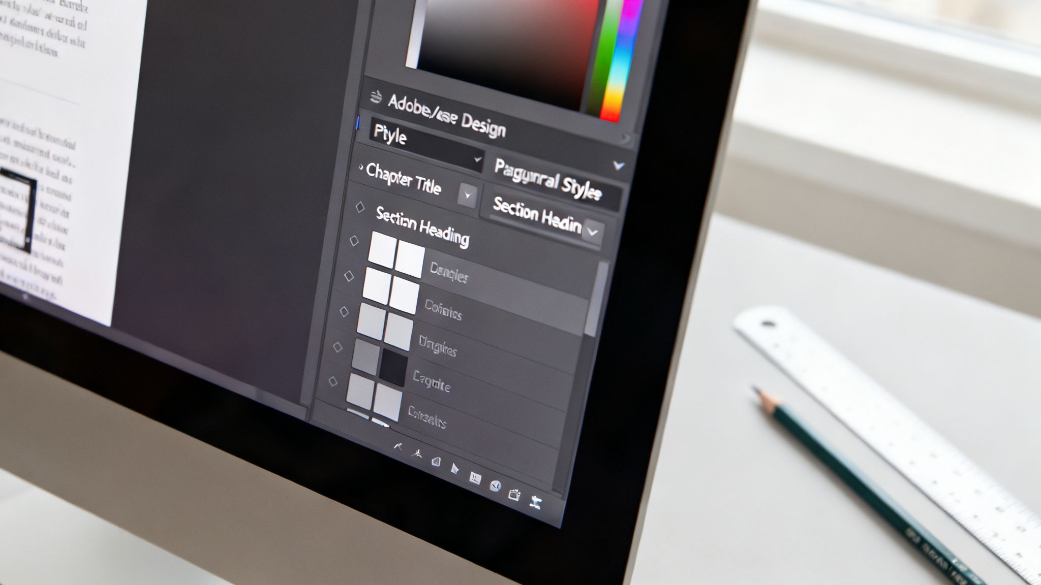 Close-up of an Adobe InDesign screen displaying text styles and color swatches with a ruler and pencil nearby.