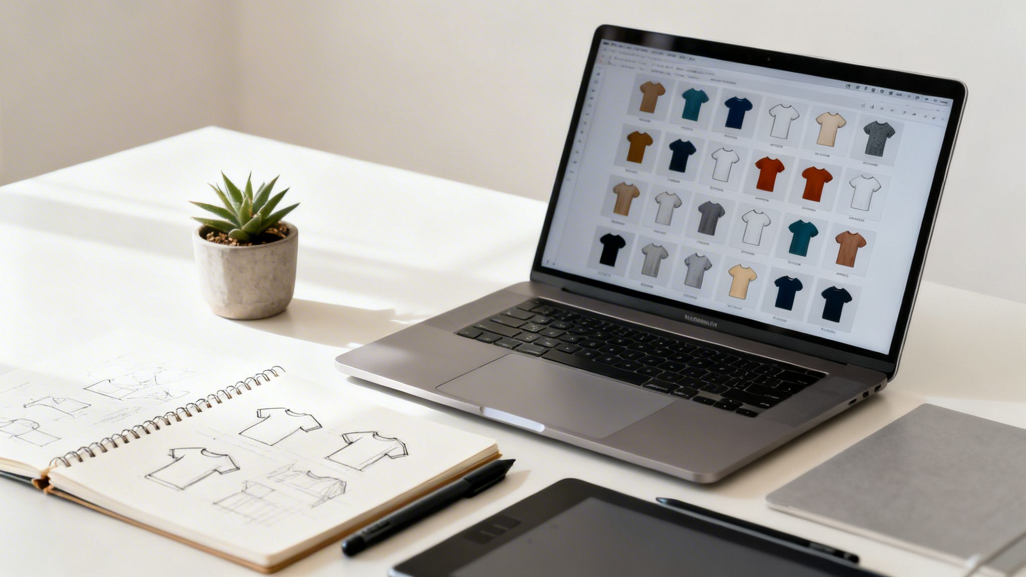 A design workspace with a laptop showing t-shirt mockups, a sketchbook, and a graphics tablet.