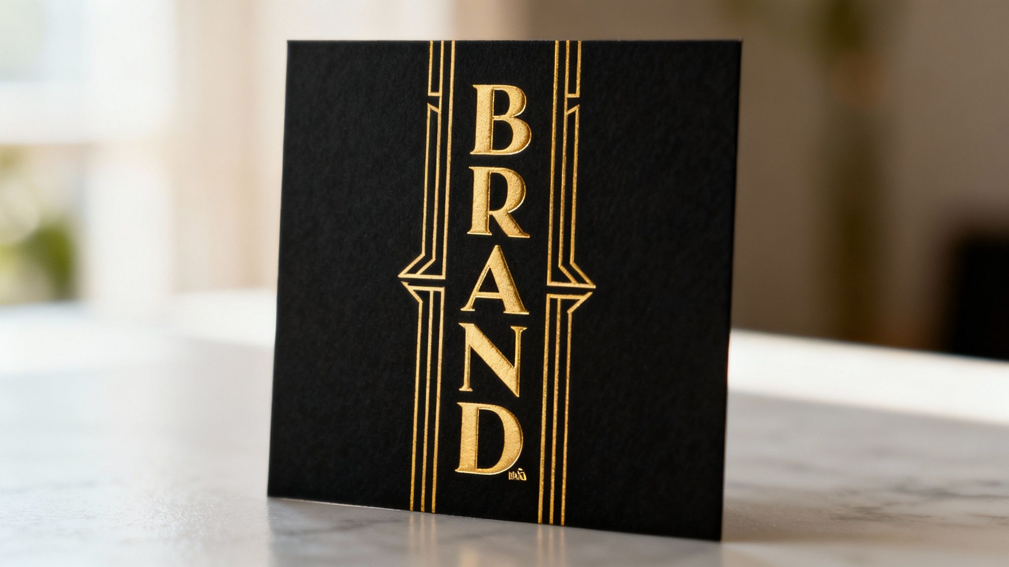A black card features embossed gold 'BRAND' text in a sophisticated Art Deco style.