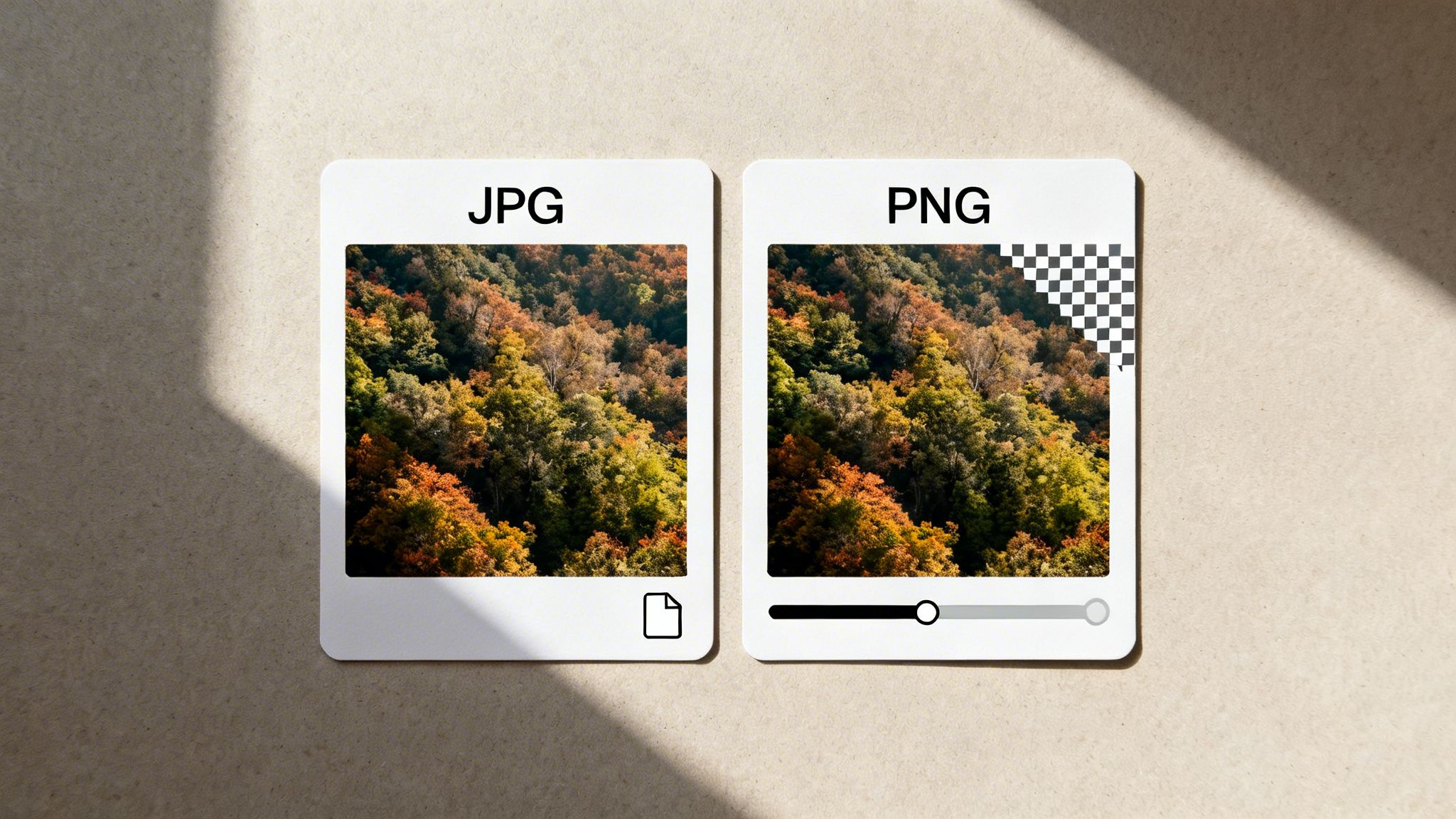 Side-by-side comparison of JPG and PNG image formats displaying autumn forest scenes and transparency.
