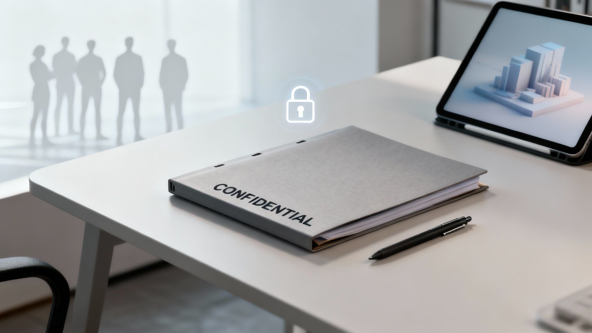 Confidential folder on a bright office desk with a digital padlock icon, symbolizing data security.