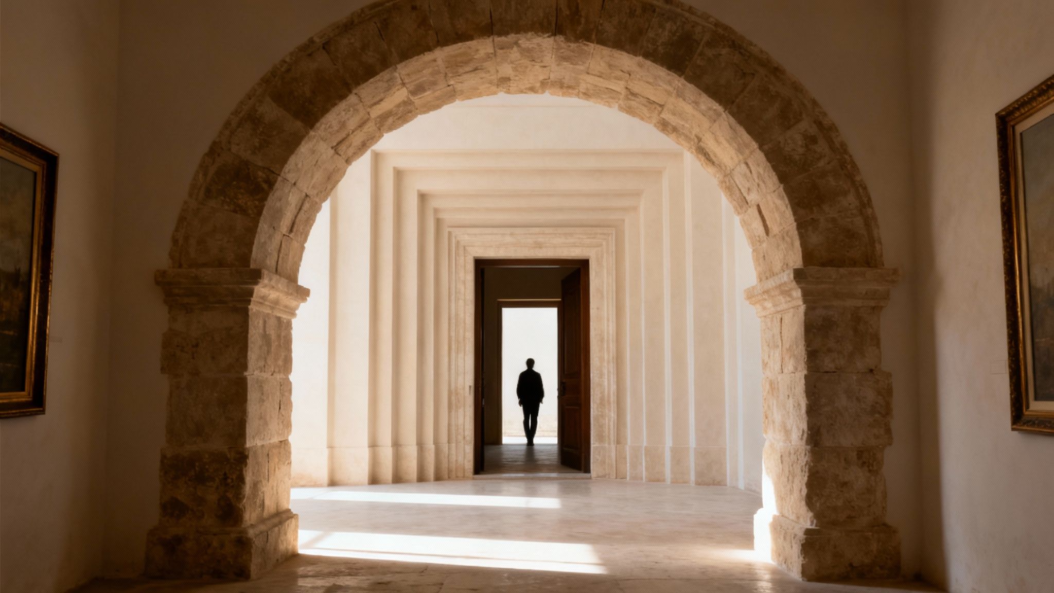 A lone figure walks through a series of light-filled archways and doorways, creating a sense of depth.
