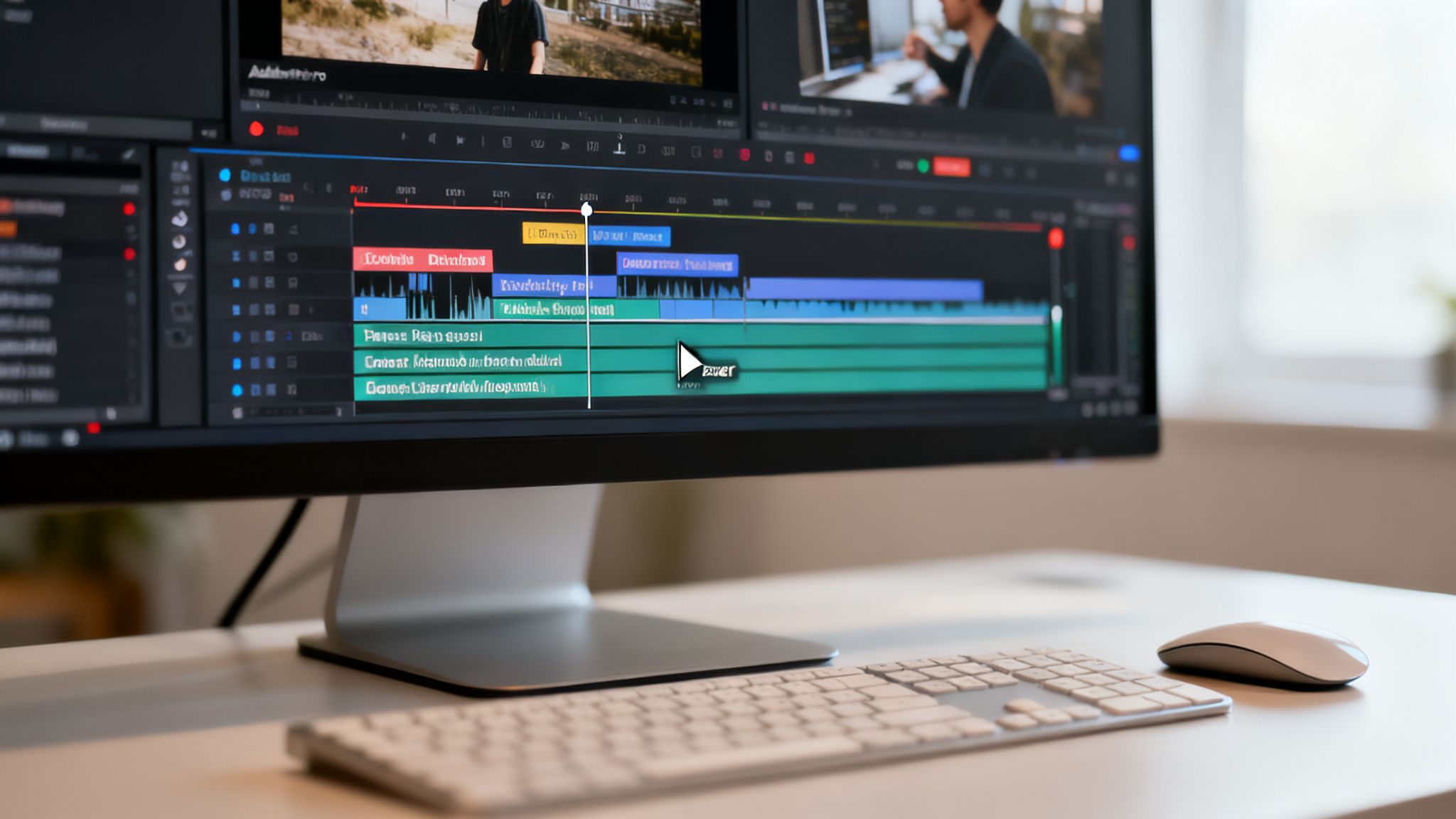 A computer monitor displaying video editing software with a timeline, keyboard, and mouse on a desk.