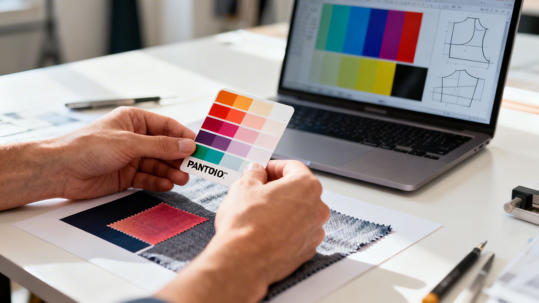A designer holds a PANTDIO color palette, matching swatches with fabric and laptop garment designs.
