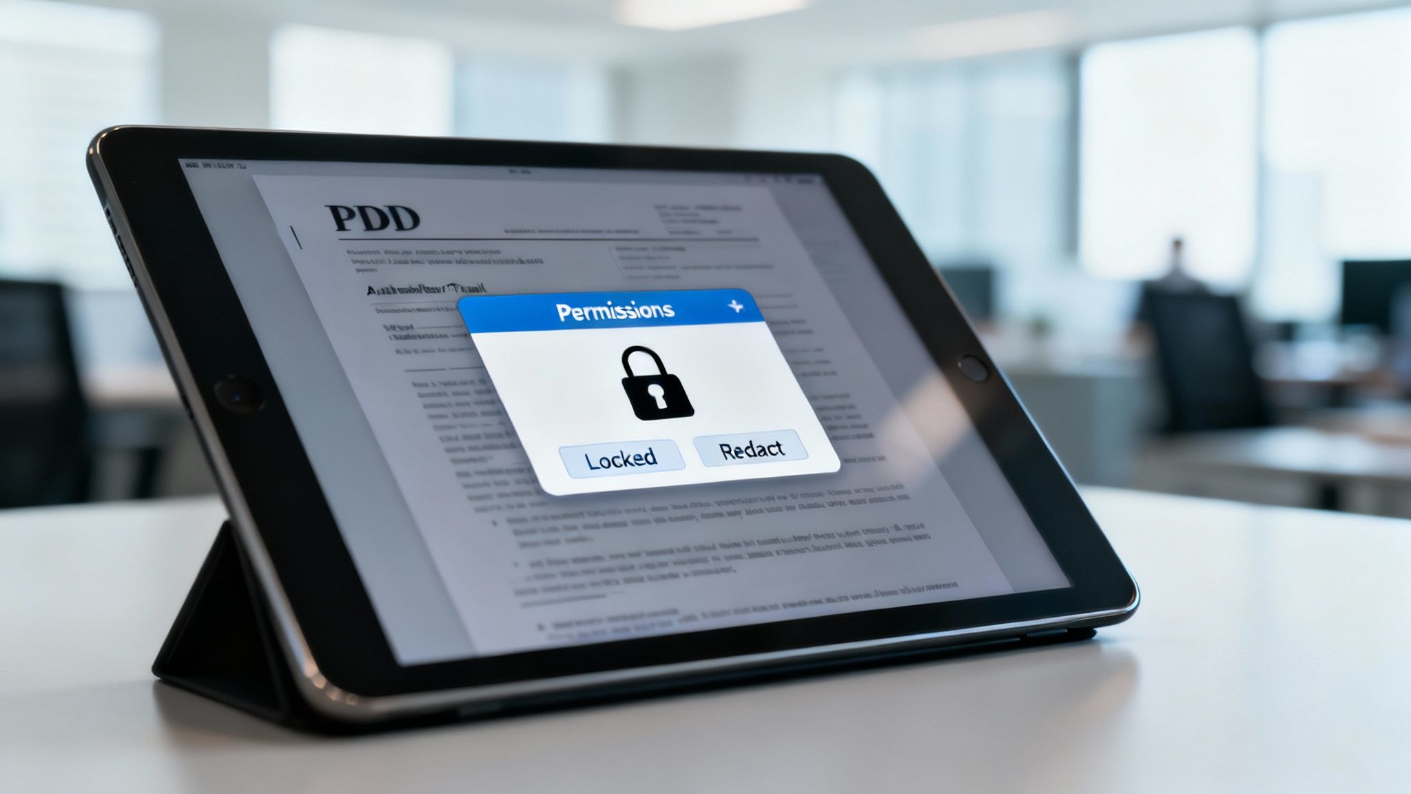 A tablet displays a document titled 'PDD' with a 'Permissions' pop-up showing a locked padlock icon.