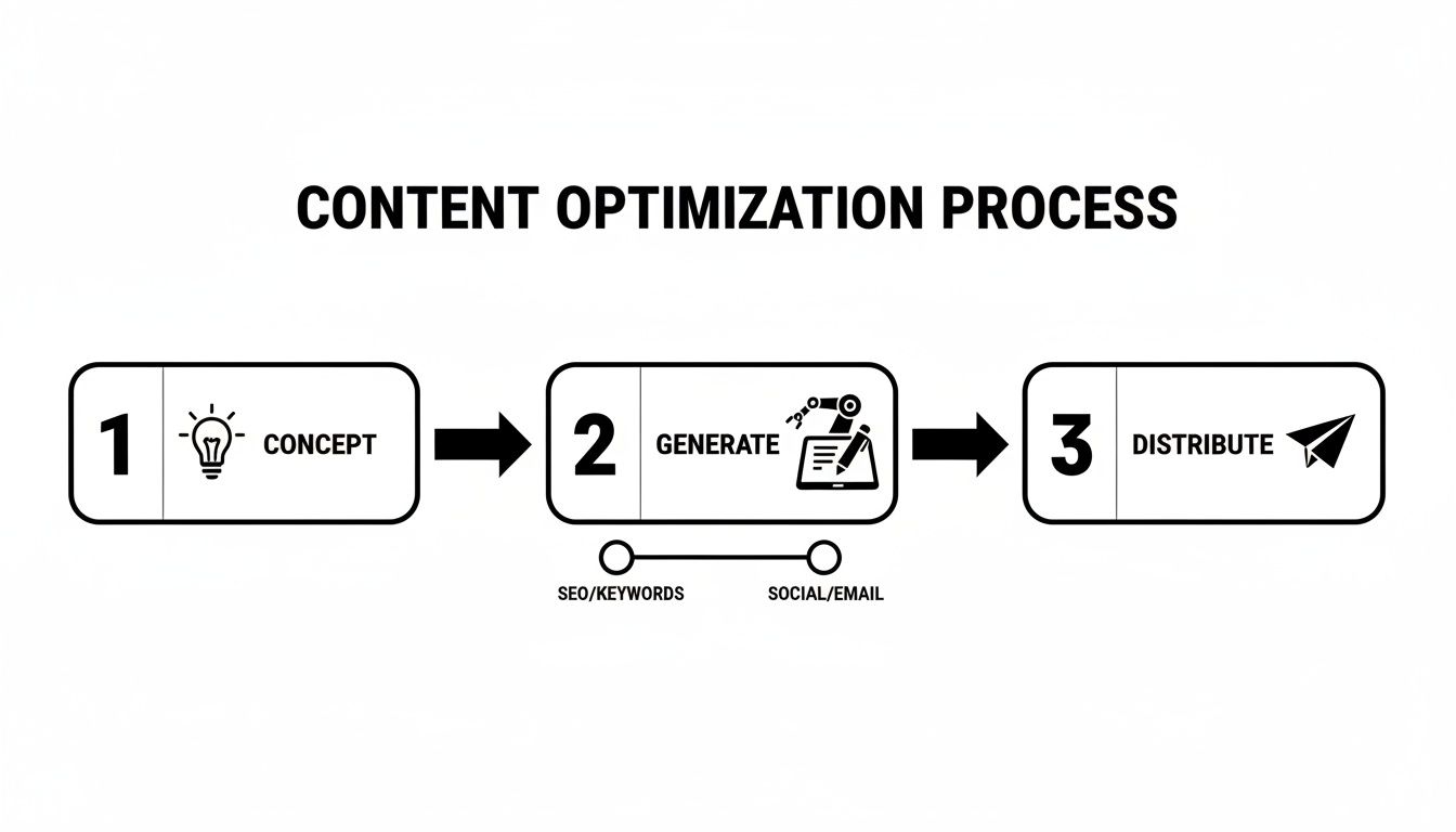 Infographic illustrating the 3-step content optimization process: Concept, Generate (with SEO/Keywords, Social/Email), and Distribute.