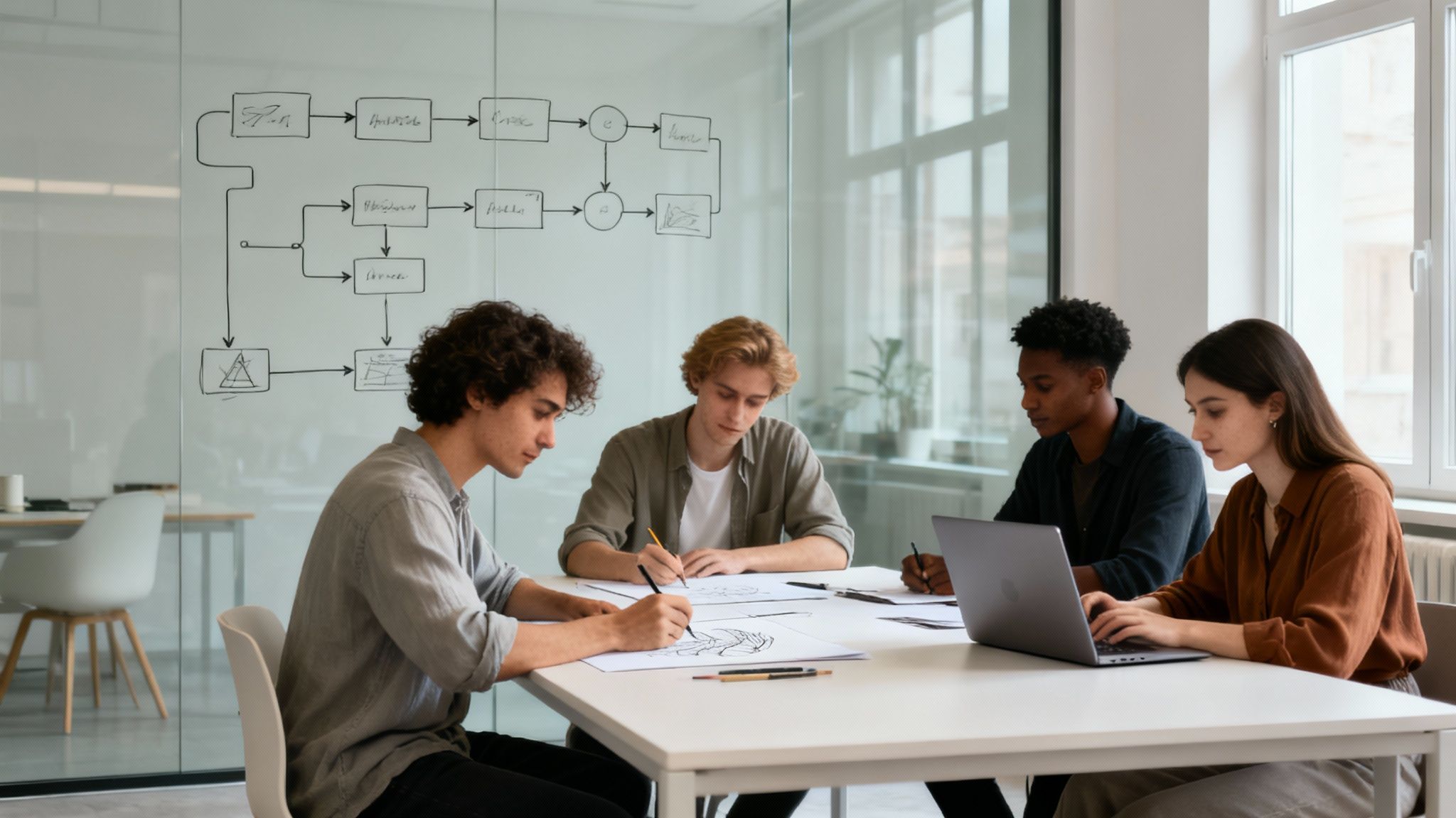 Young professionals collaborate in a modern office, drawing designs and working on a laptop with a flowchart on the wall.