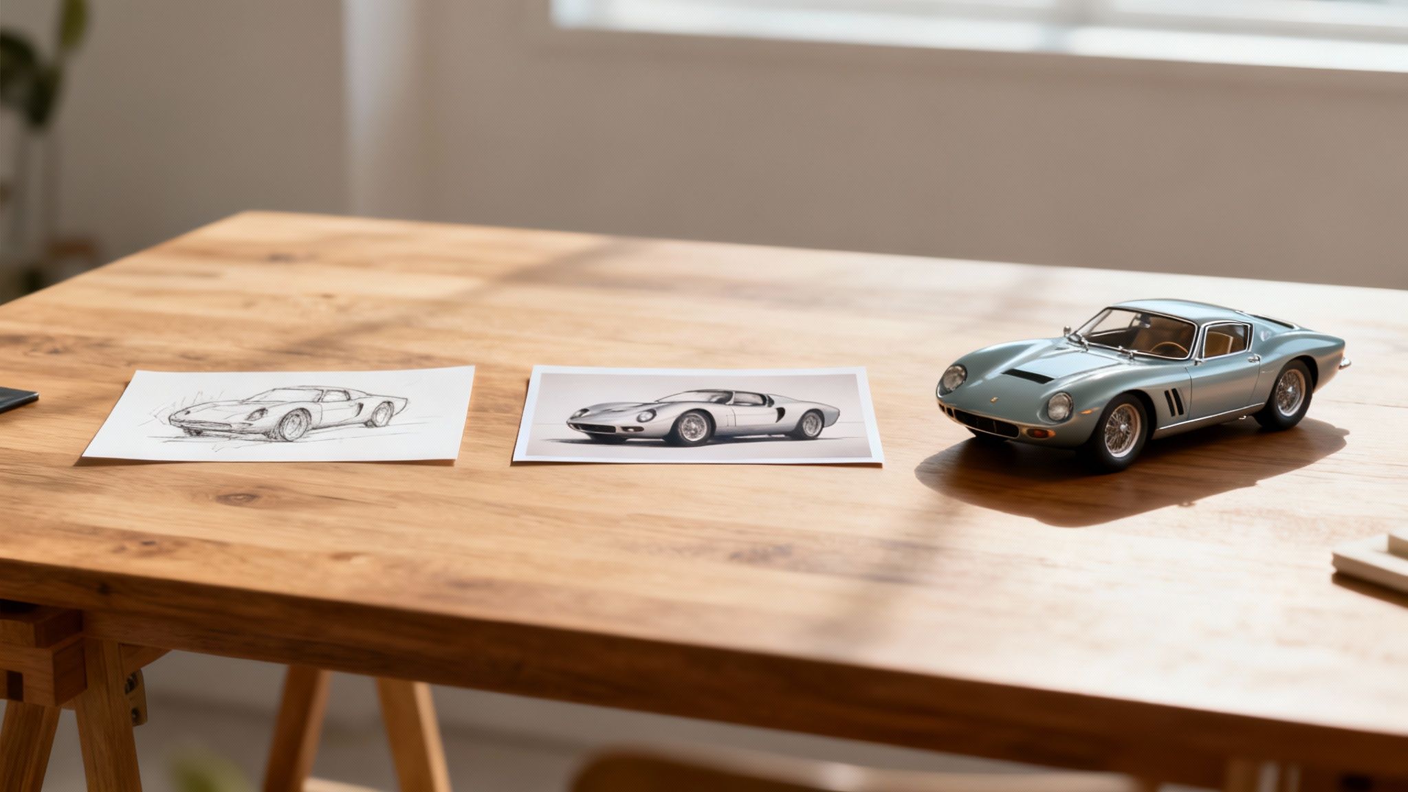 A wooden desk features a car sketch, a photograph, and a light blue model car.