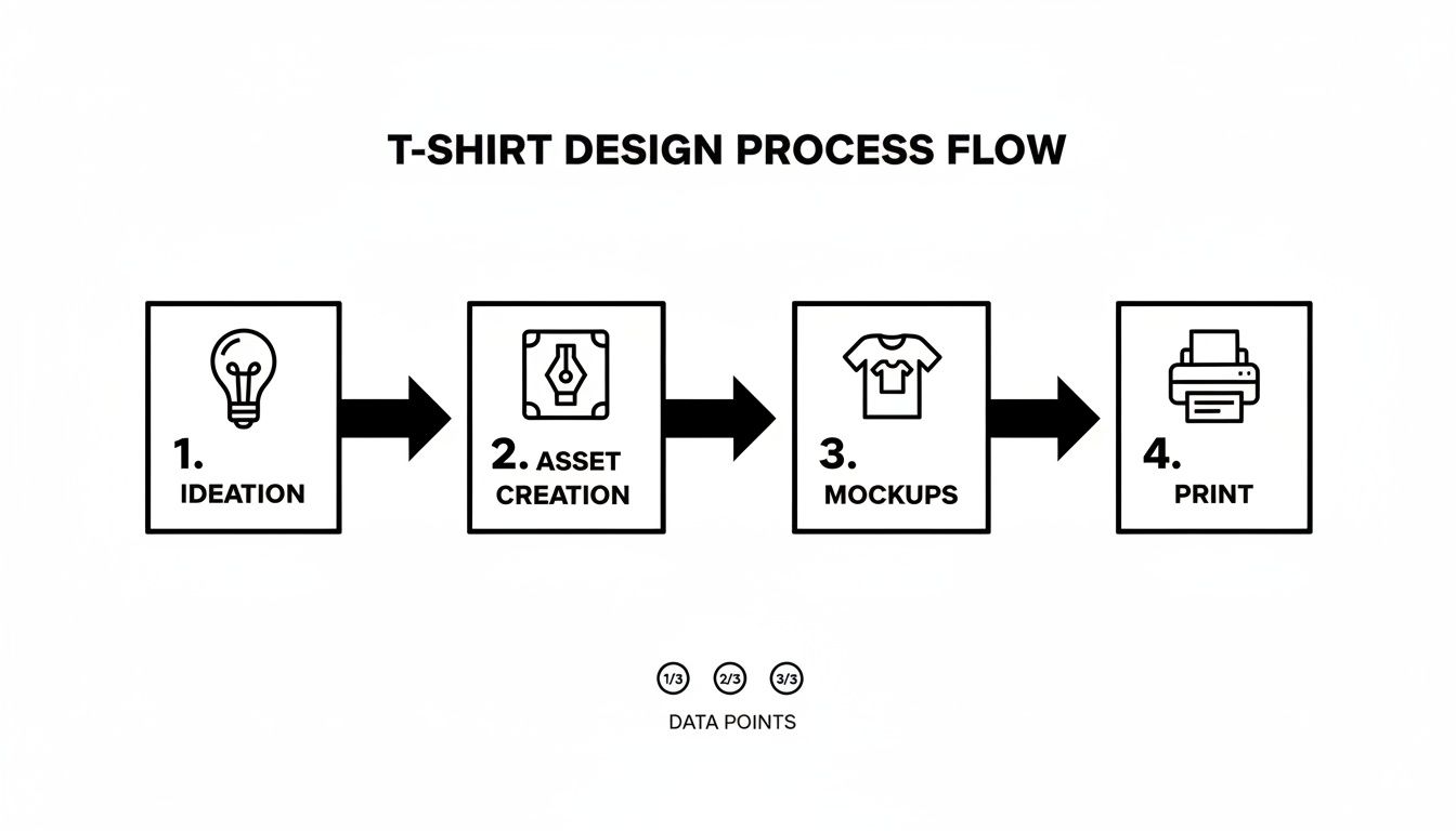 Flowchart illustrating the four key stages of t-shirt design: ideation, asset creation, mockups, and printing.