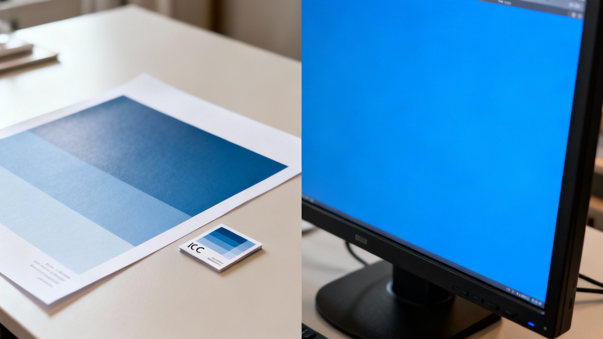 Side-by-side view of a printed blue color gradient chart and a monitor displaying a solid blue screen.