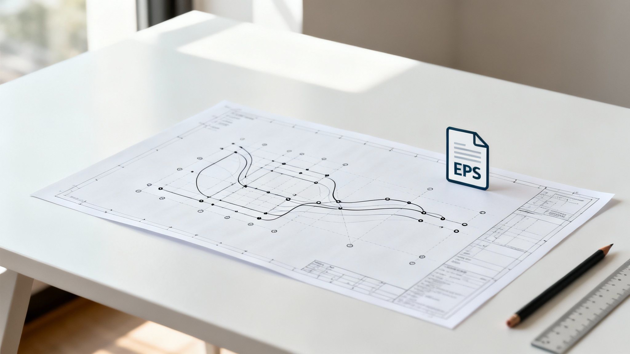 A technical drawing with curved lines and points on a a white desk, alongside a pencil, ruler, and a 3D EPS file icon.