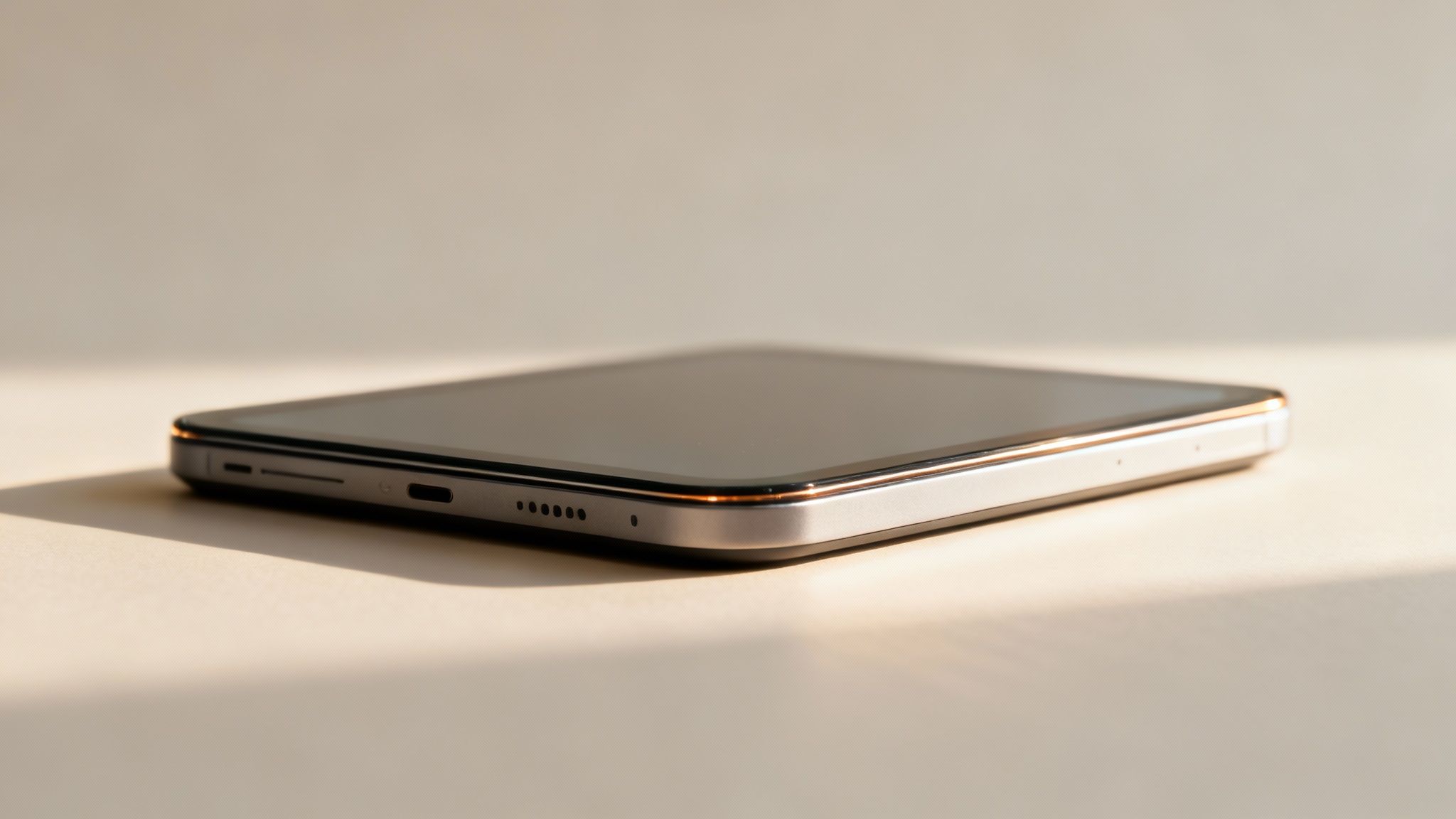 Close-up, low-angle view of a modern silver smartphone with gold trim on a light surface.