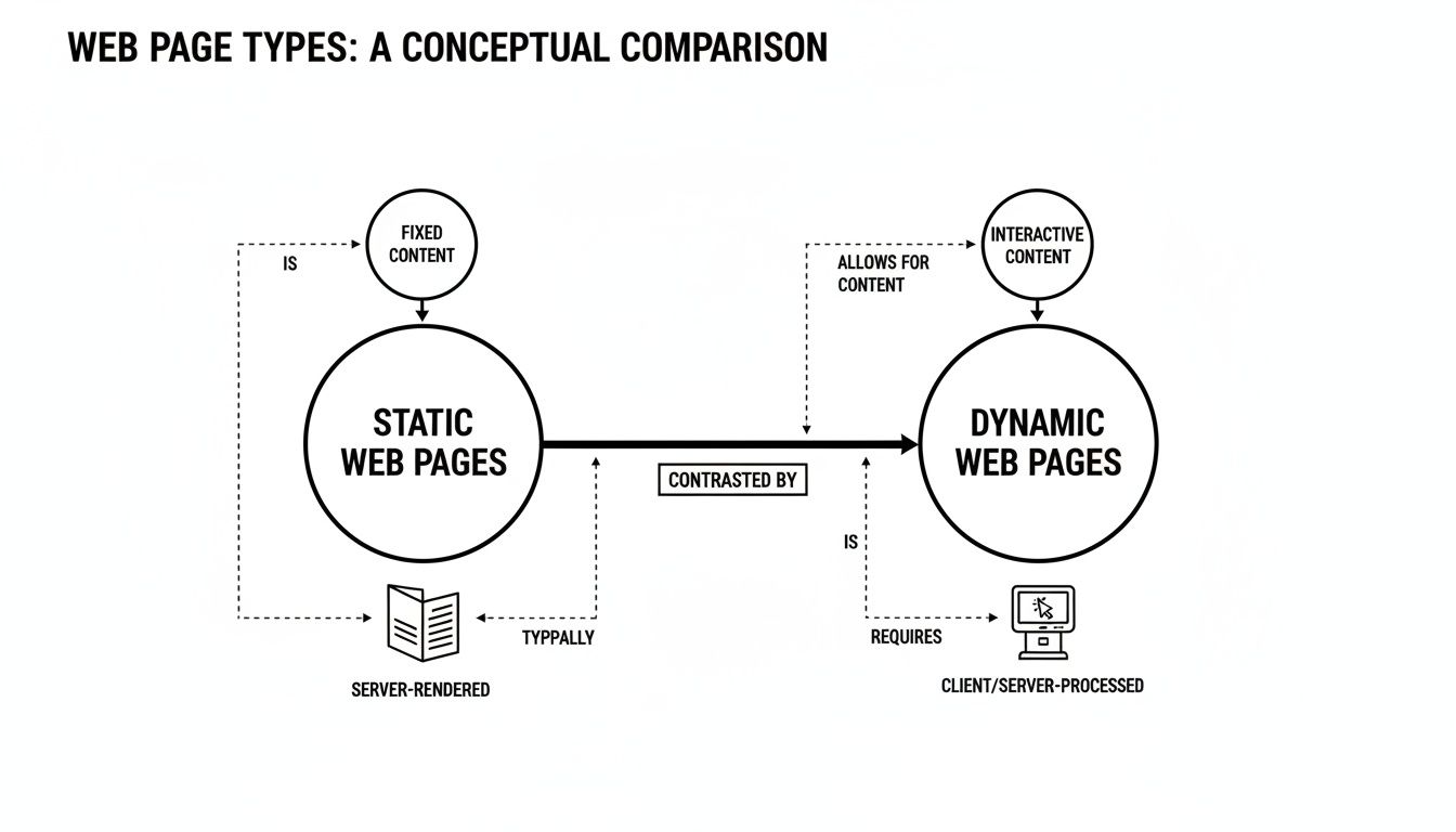 Conceptual diagram comparing static and dynamic web pages, highlighting their characteristics and processing methods.